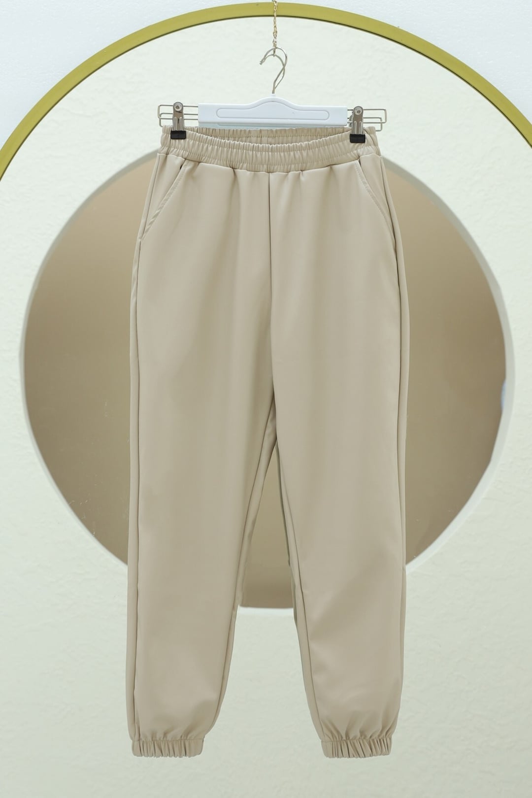 Elasticated Waist and Ankle Faux Leather Trousers - Beige - Podyumplus - by Peralane - photo 3
