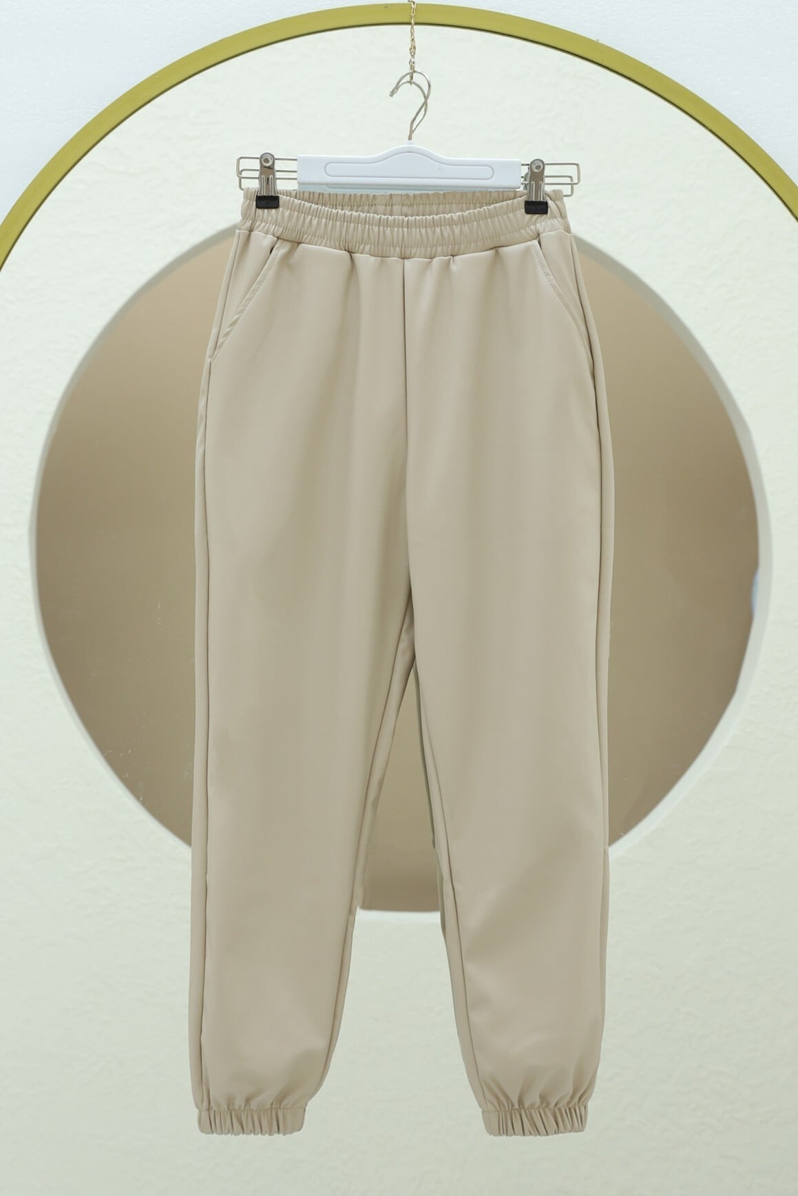 Elasticated Waist and Ankle Faux Leather Trousers - Beige - Podyumplus - by Peralane - photo 3