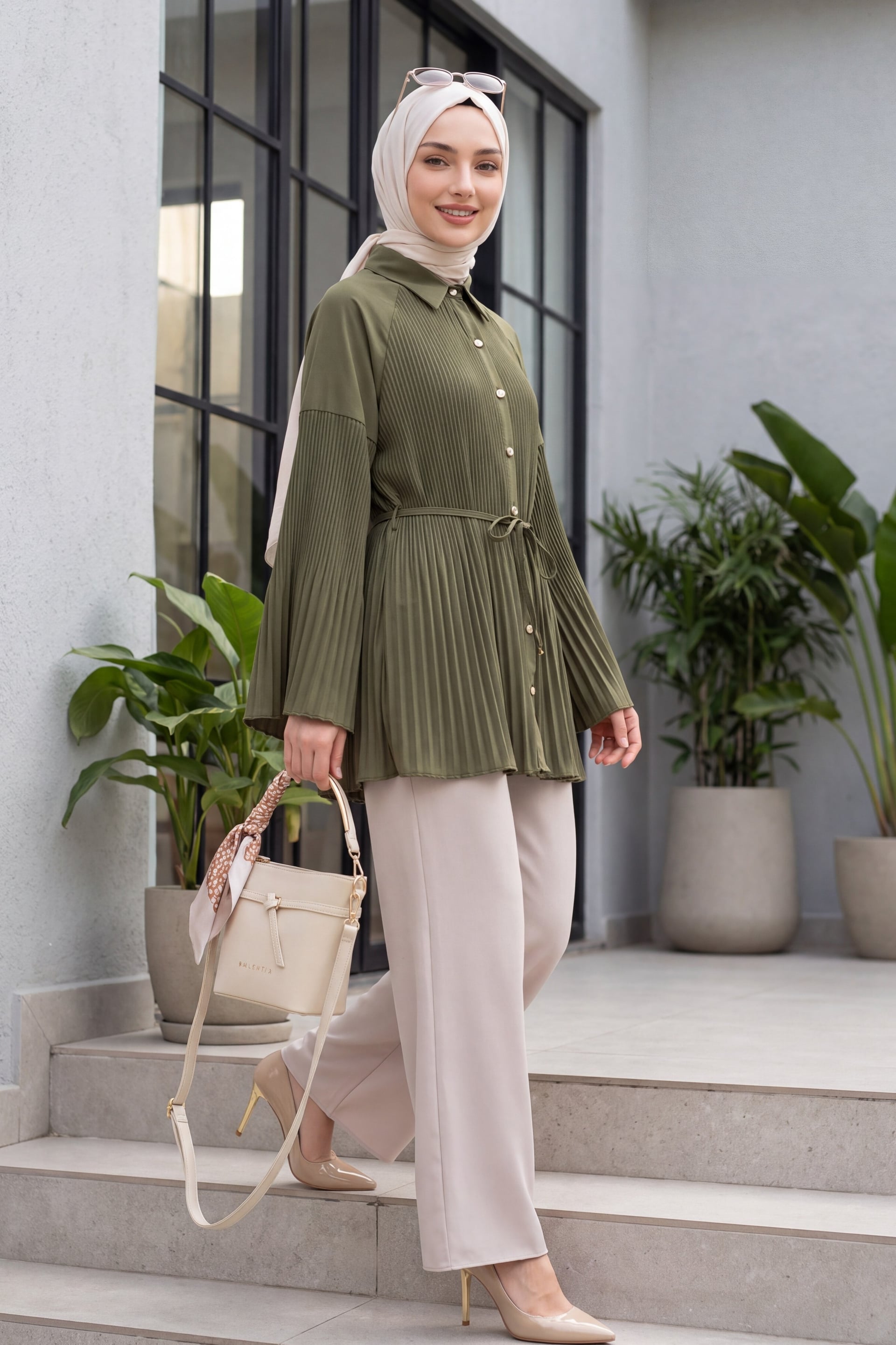 Belted Tie-Waist Pleated Poplin Tunic with Stone Buttons - Olive Green - Podyumplus - by Peralane - photo 3