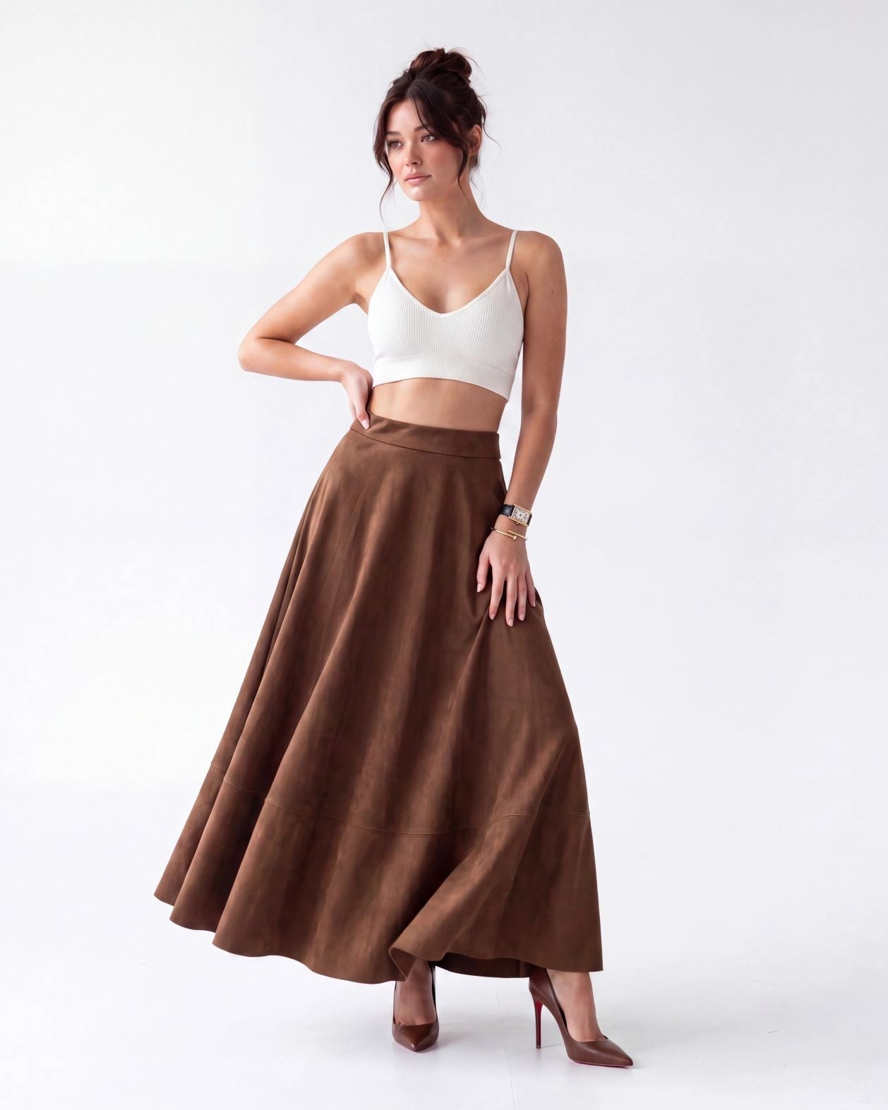 Women's Camel Brown Maxi Skirt with High Waist - Fame - by Peralane