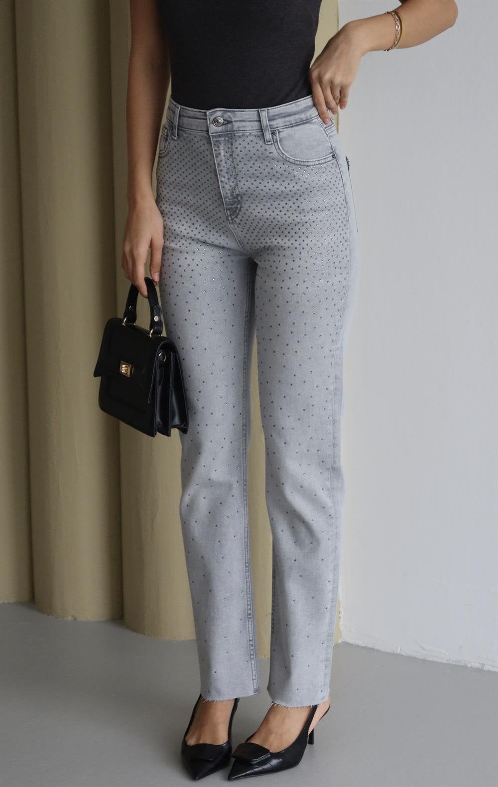 High Waist Raw Hem Light Grey Rhinestone Jeans for Women - Lacarino Jeans - by Peralane