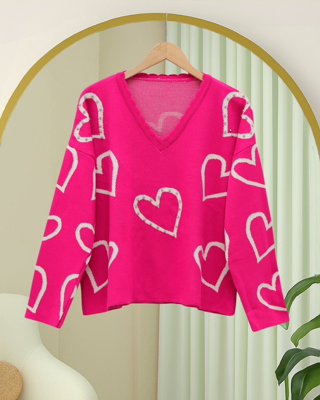 V-Neck Beaded Heart Pattern Knit Sweater - Fuchsia - Podyumplus - by Peralane - photo 6