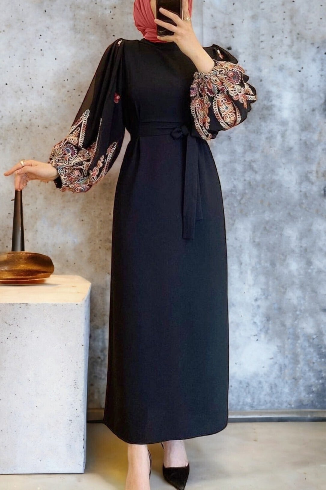Black Embroidered Sleeve Maxi Dress with Tie Waist - Podyumplus - by Peralane - photo 7
