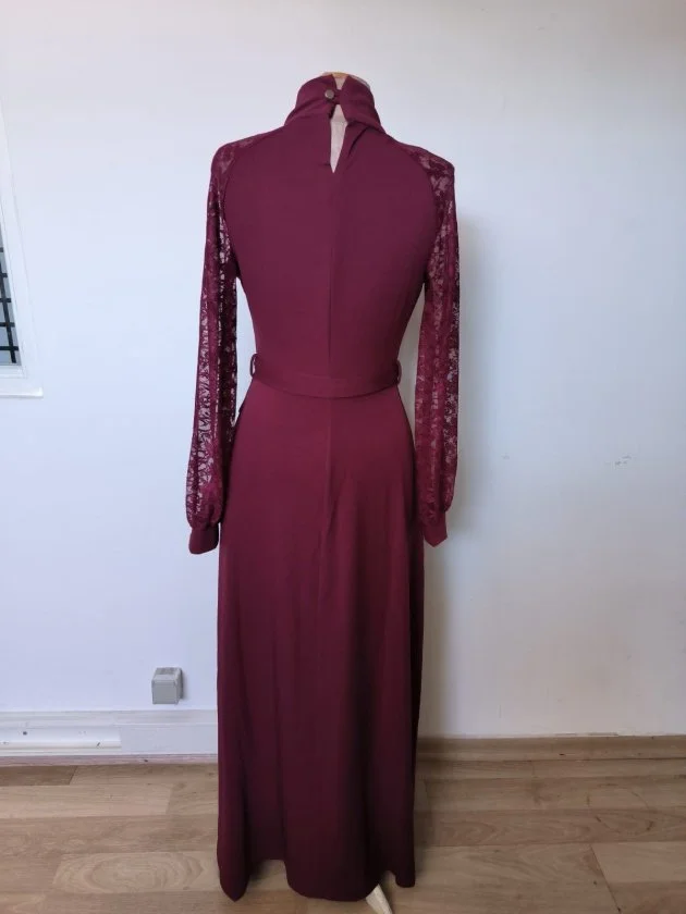 Women's Long Sleeve High Neck Keyhole Belted Side Slit Long Crepe Dress - Janes - by Peralane - photo 6