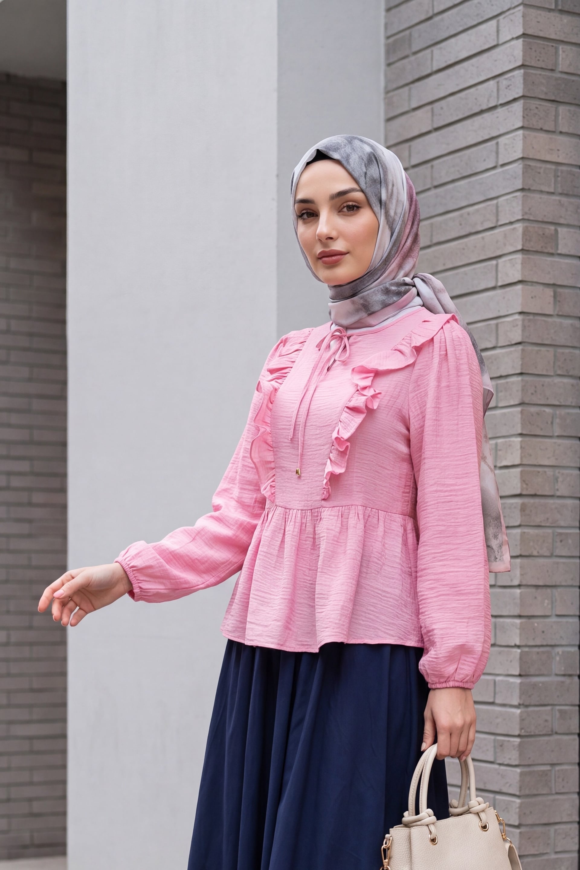 Tie-Neck Ruffle-Front Crinkle Blouse - Pink - Podyumplus - by Peralane - photo 2