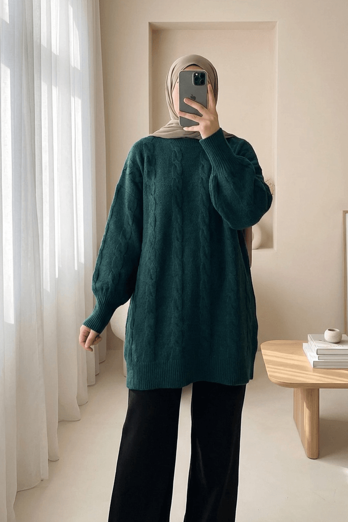 Emerald Green Cable Knit Sweater with Balloon Sleeves - Podyumplus - by Peralane