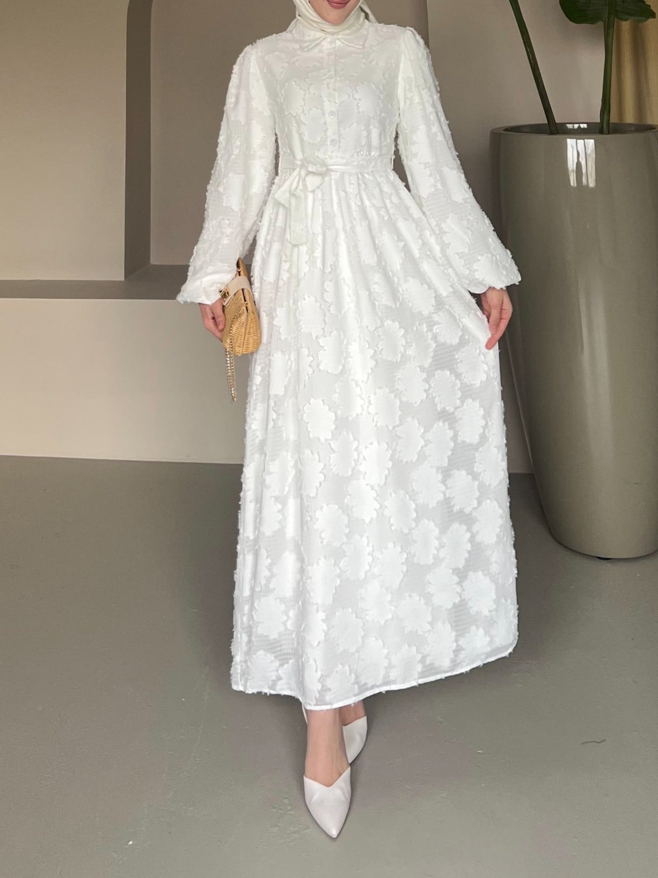 Women's White Textured Floral Dress with Collar and Tie Belt - Afra Li̇ne - by Peralane - photo 2