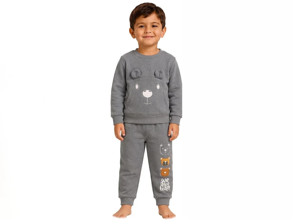 Boys' Bear Print Kangaroo Pocket 3-Thread Brushed Cotton Pyjama Set - Grey - Bittos Kids - by Peralane
