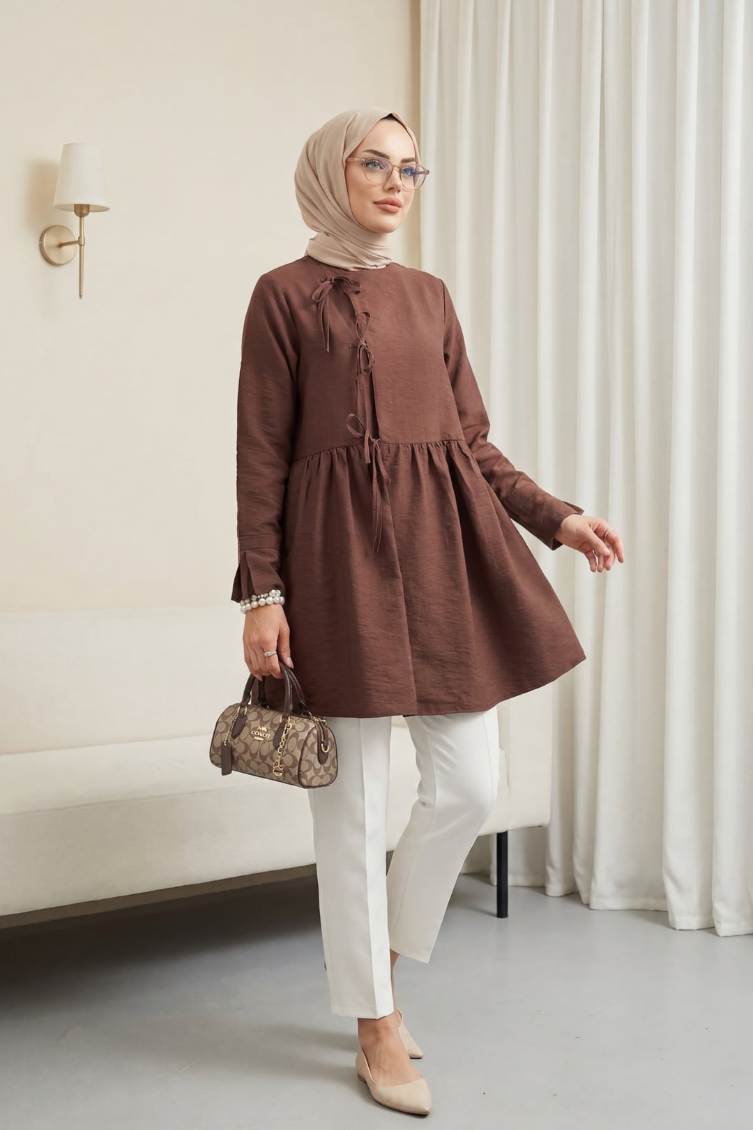Brown Cross-Tie Kimono Cardigan with Patchwork Design - Podyumplus - by Peralane - photo 3