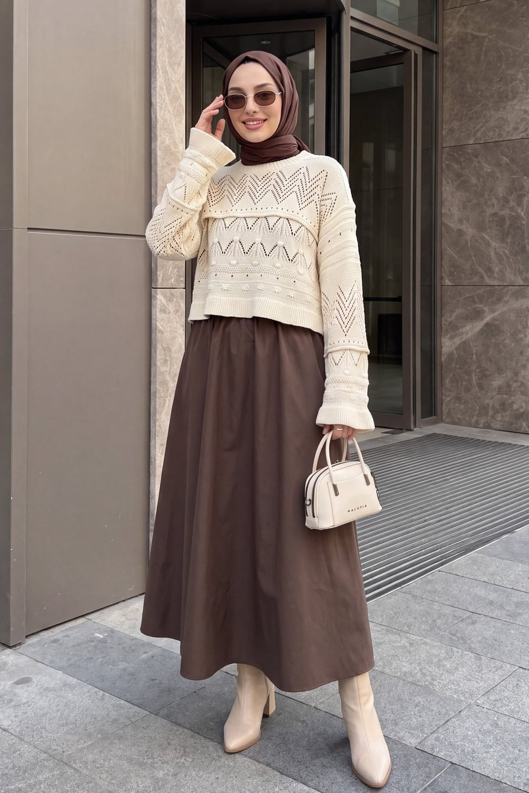 Ecru Open-Knit Pompom Detail Long Sleeve Knit Sweater - Podyumplus - by Peralane - photo 5