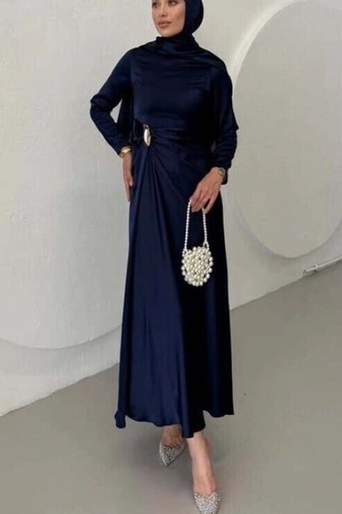 Navy Blue Draped Waist Satin Dress - Podyumplus - by Peralane - photo 3