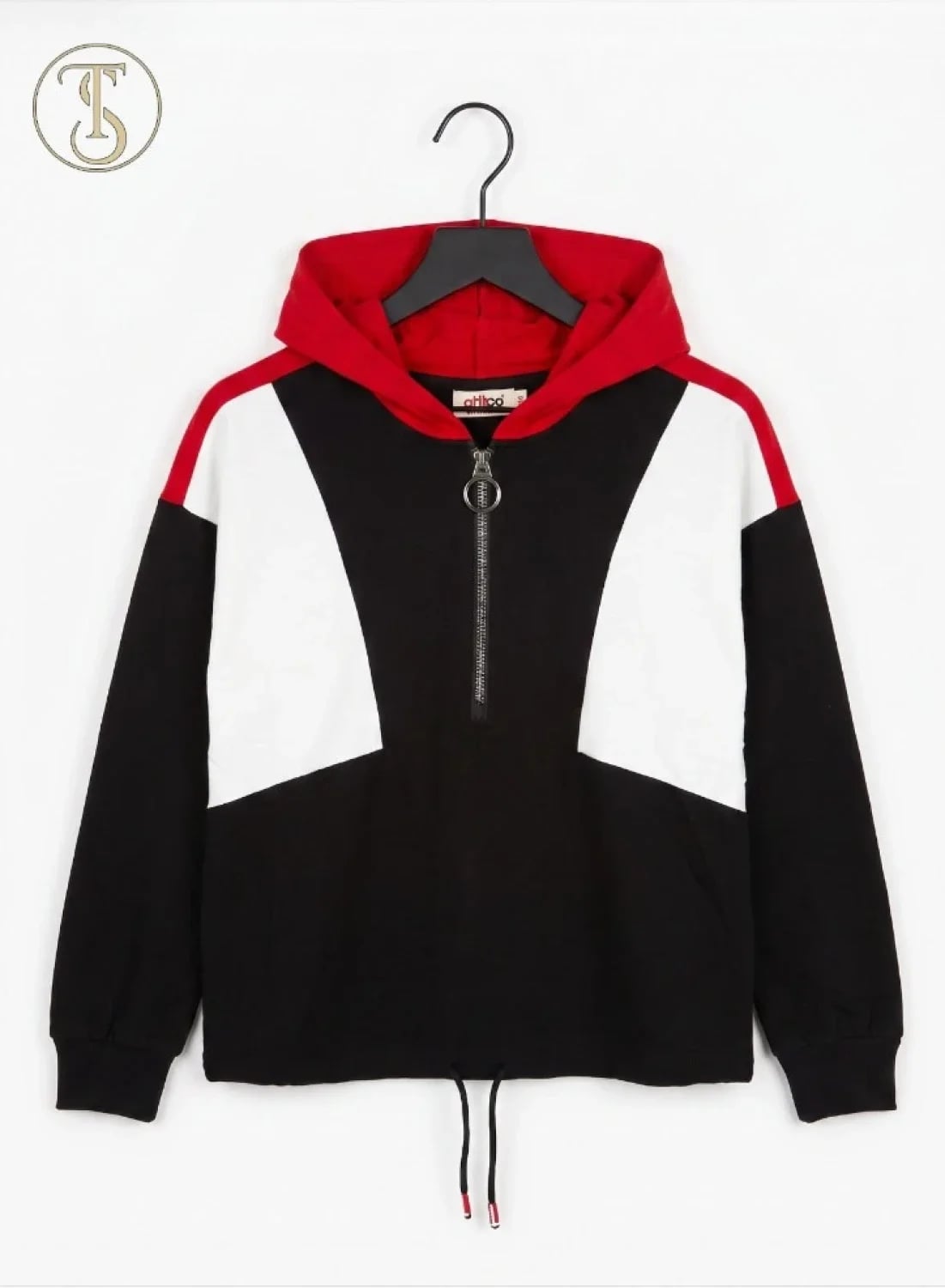 Black and Red Color Block Girls Hoodie - Quarter-Zip - Has Bereket - by Peralane