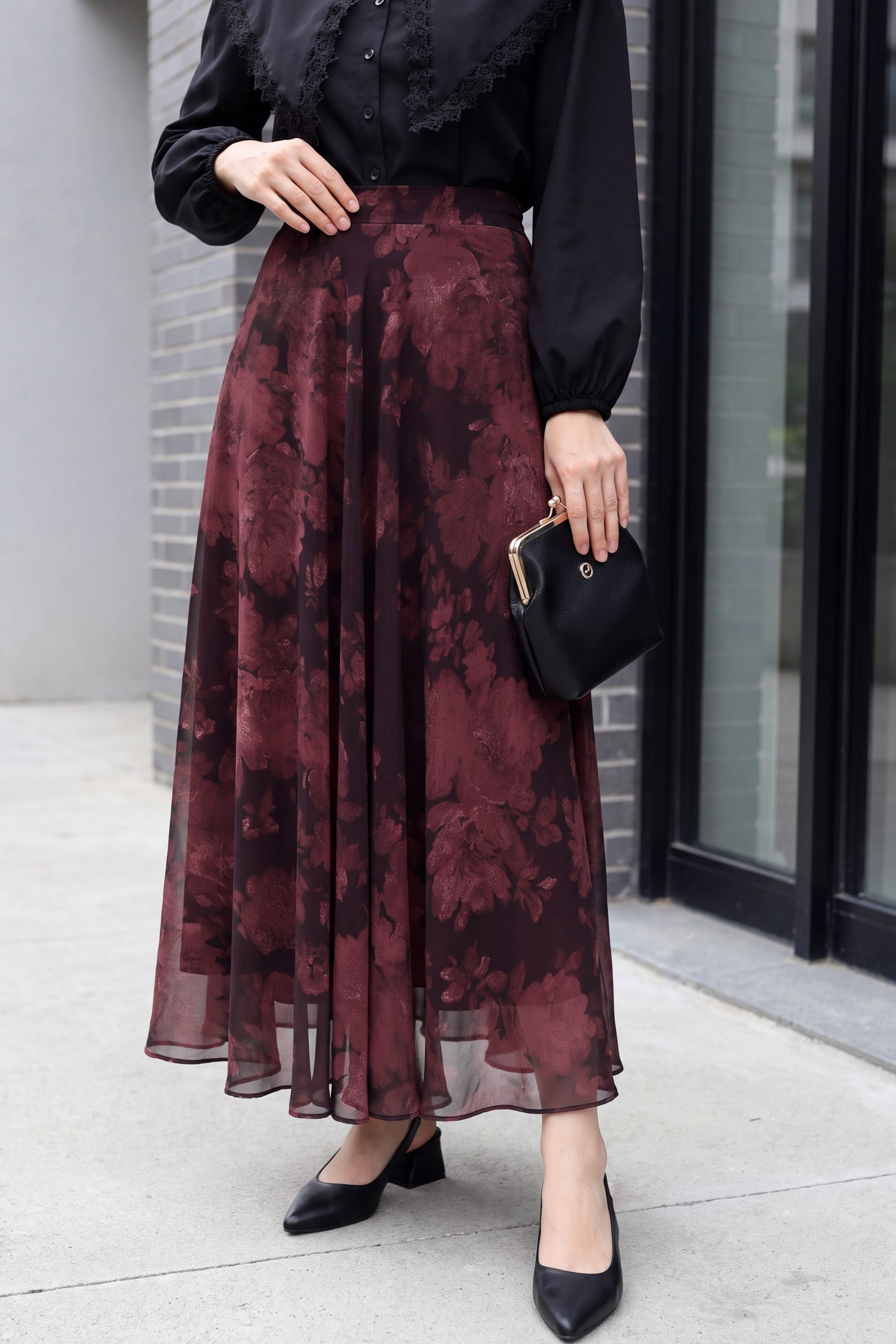 Side-Zip Patterned Lined Chiffon Skirt - Dark Burgundy - Podyumplus - by Peralane - photo 2