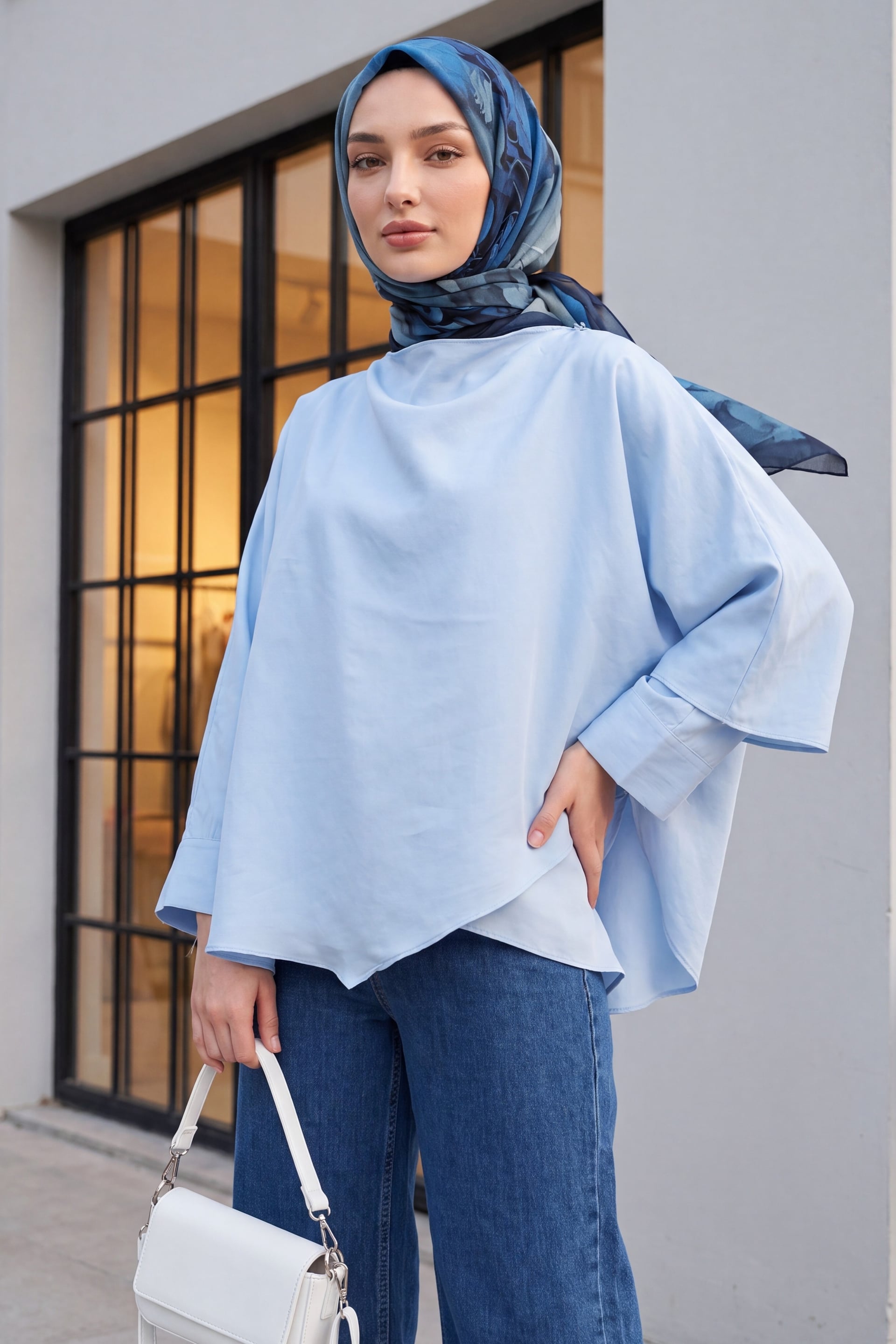 Button-Shoulder Batwing Sleeve Modal Kimono Poncho - Baby Blue - Podyumplus - by Peralane - photo 2