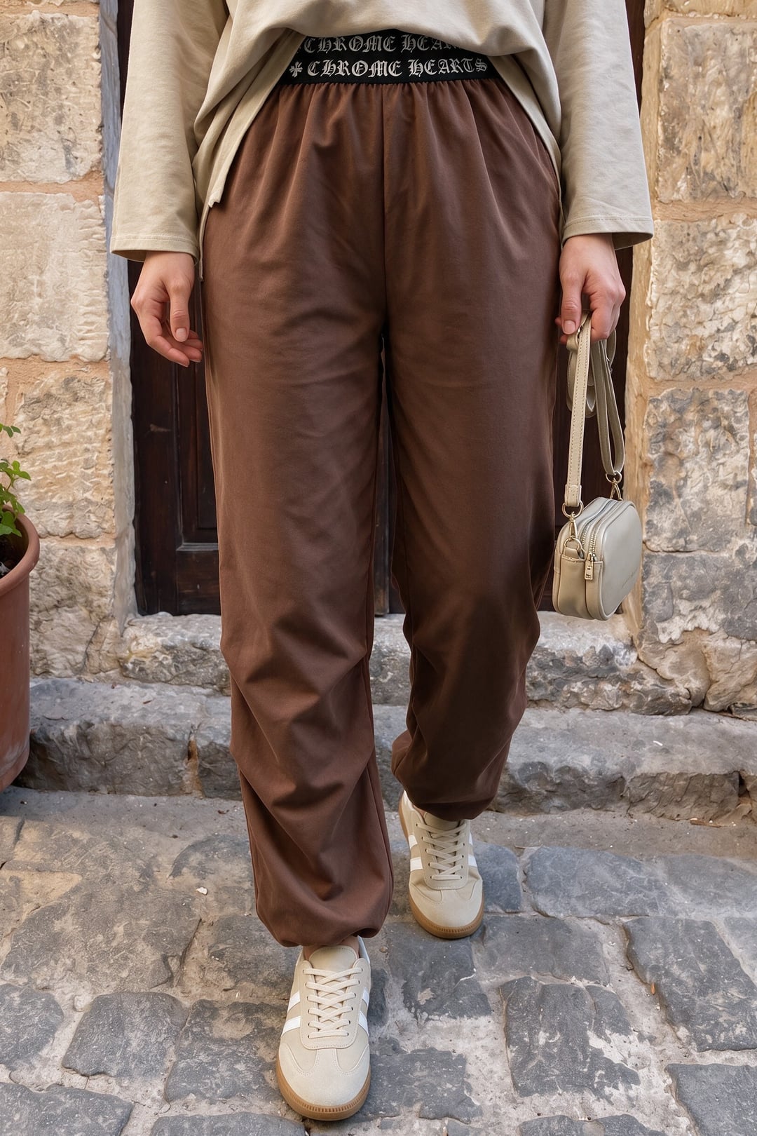 Brown Elastic Waistband Drawstring Hem Trousers - Podyumplus - by Peralane - photo 3