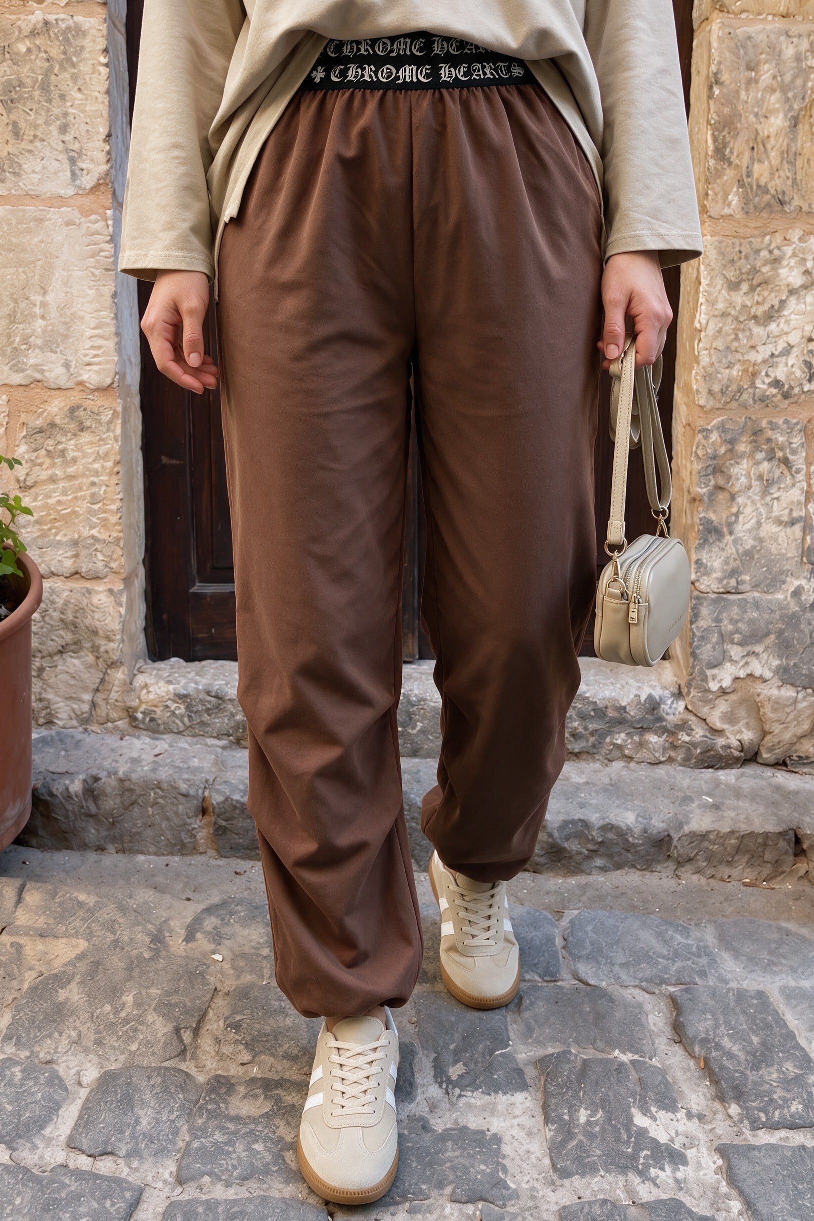 Brown Elastic Waistband Drawstring Hem Trousers - Podyumplus - by Peralane - photo 3