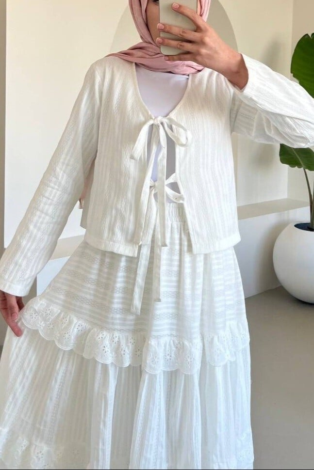 White Tie-Front Cardigan and Tiered Maxi Skirt Co-ord Set - Podyumplus - by Peralane - photo 6