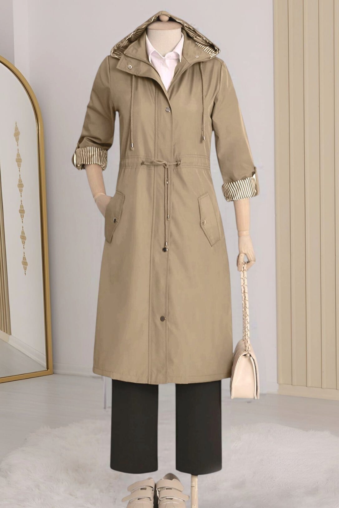 Beige Hooded Trench Coat with Striped Lining - Vizon - Podyumplus - by Peralane - photo 4