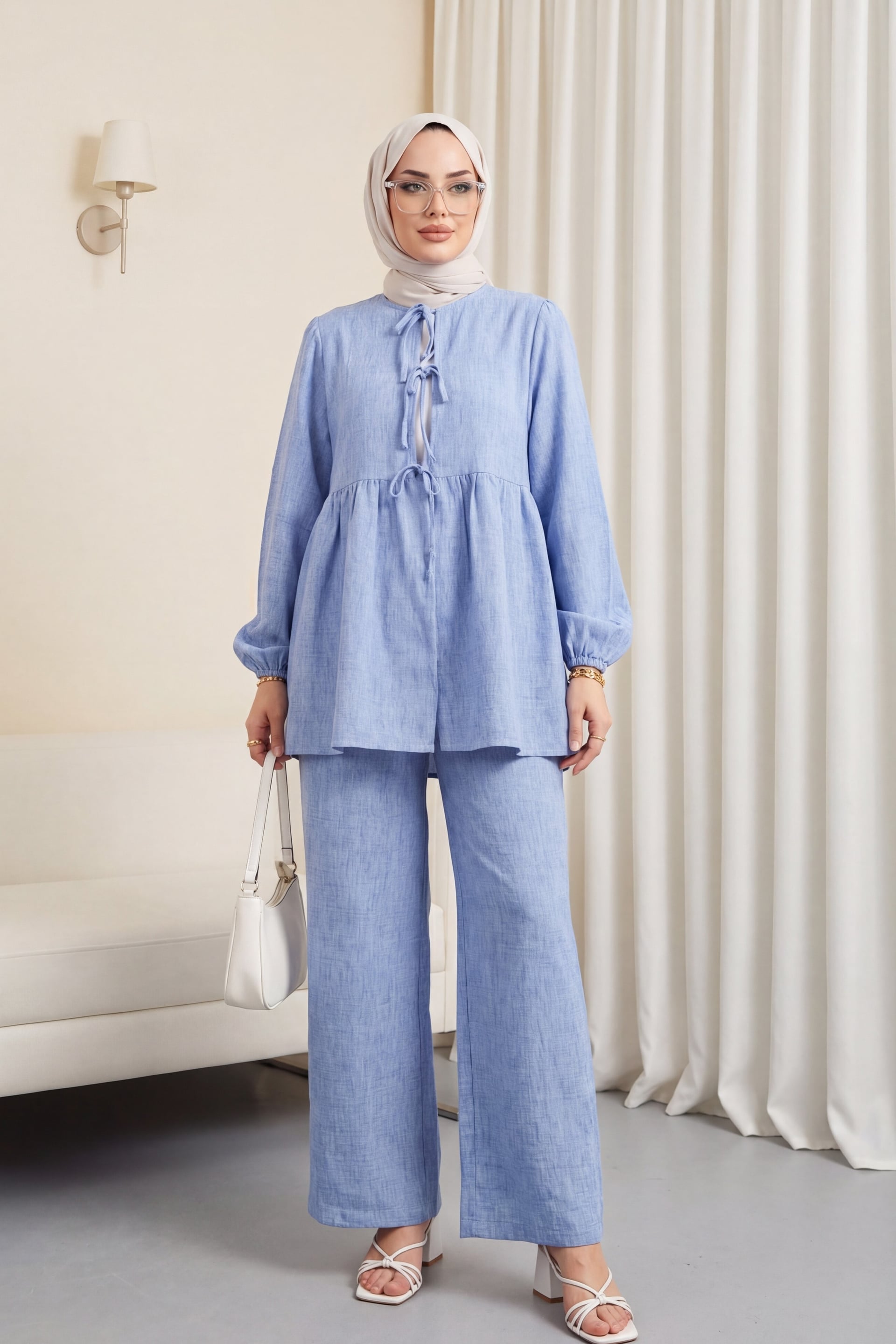 Tie-Front Wide-Leg Co-ord Set in Light Blue - Podyumplus - by Peralane