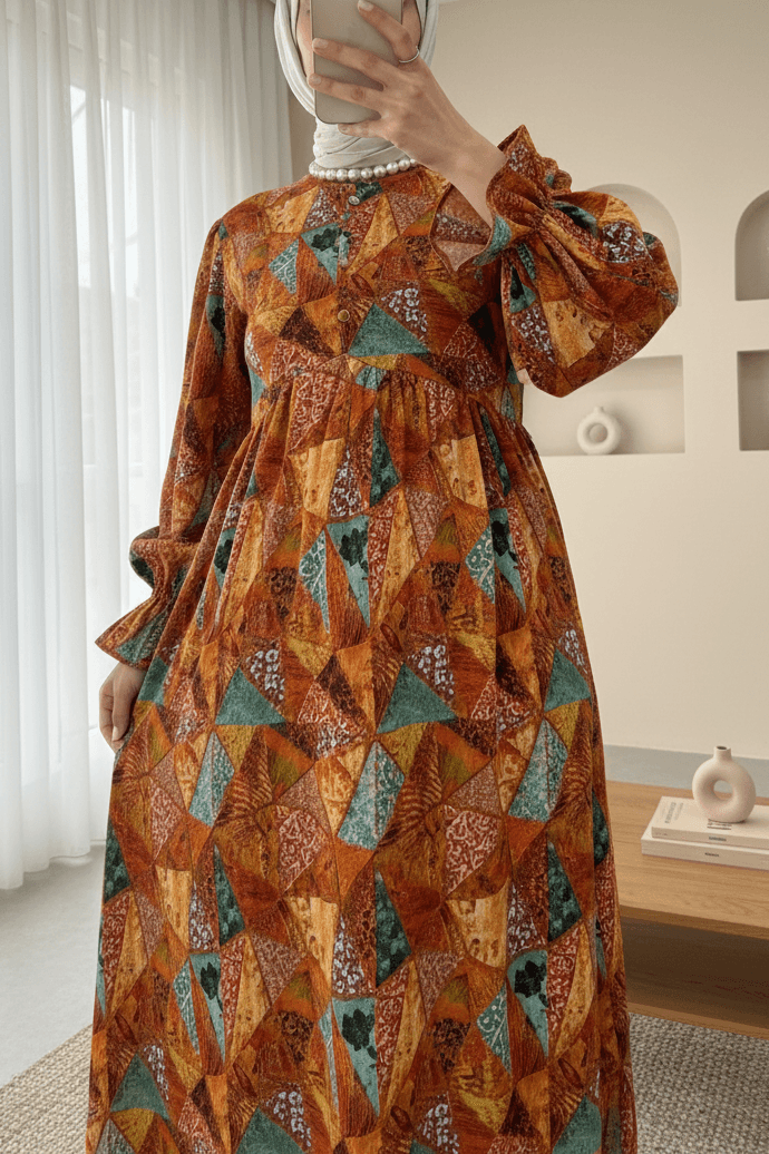 Half Button Belted Patterned Maxi Dress - Orange - Podyumplus - by Peralane - photo 2