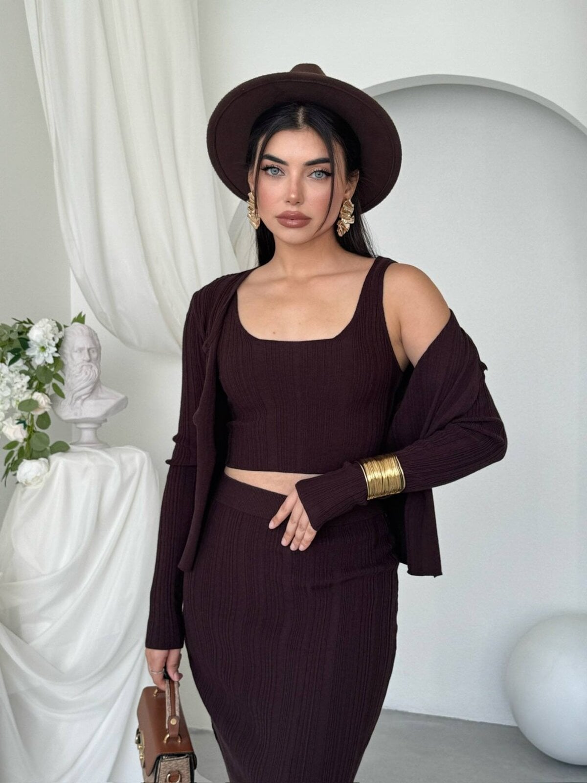 Dark Brown Ribbed Knit Three-Piece Set for Women - Etika - by Peralane