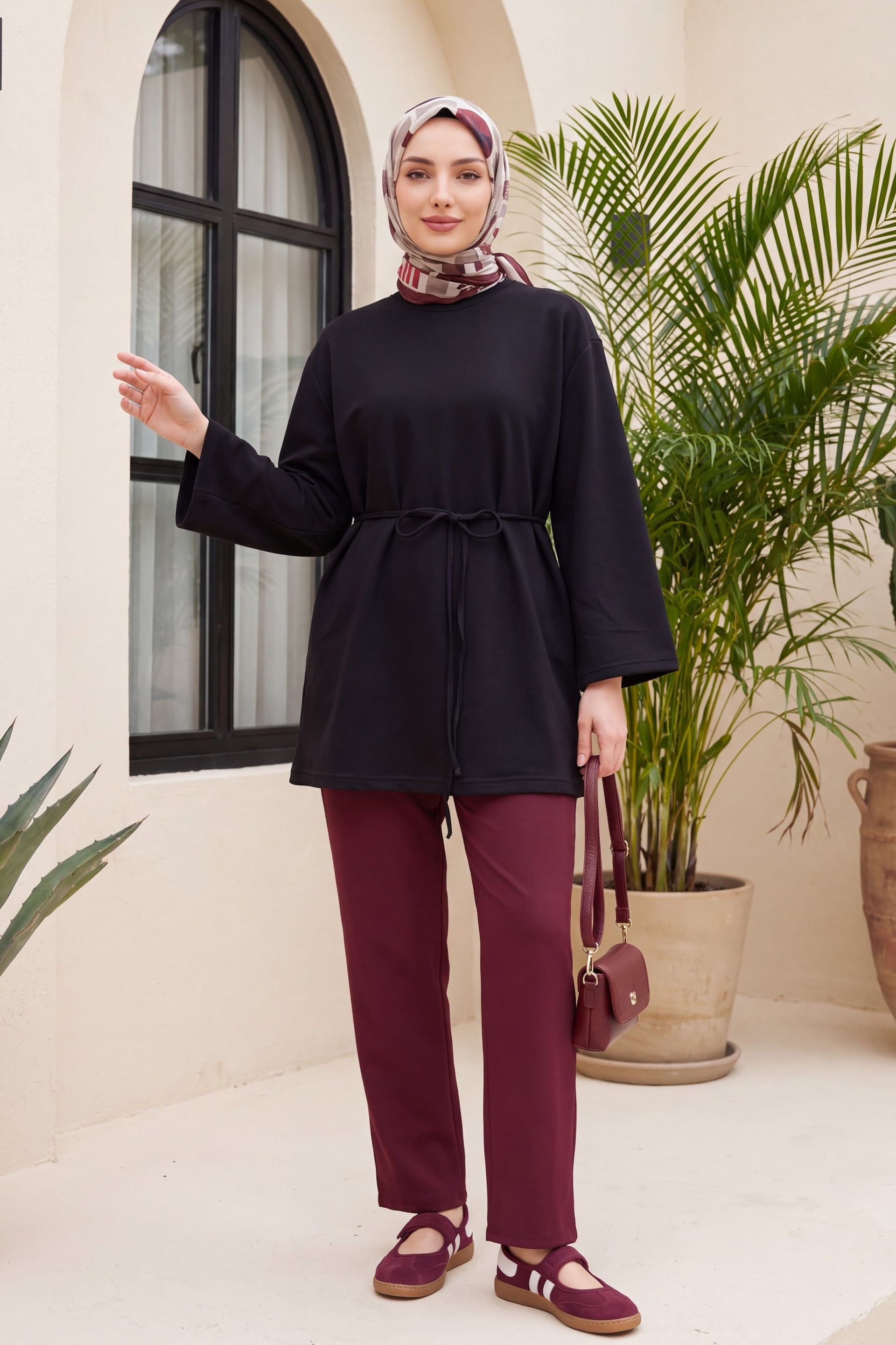 Burgundy Drawstring Waist Trousers with Side Pockets - Podyumplus - by Peralane - photo 2
