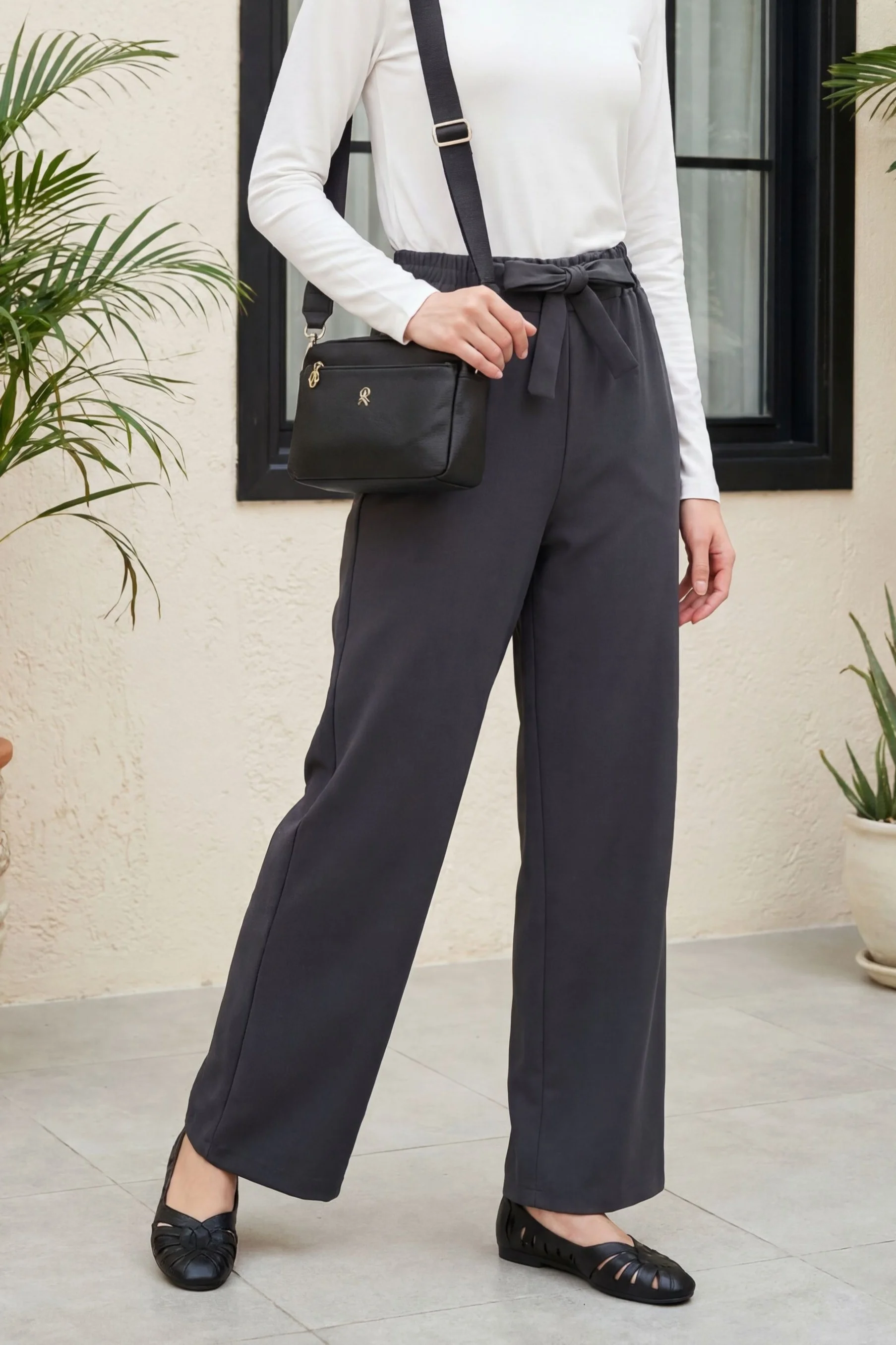 Duble Fabric Paperbag Waist Wide-Leg Trousers - Smoke - Podyumplus - by Peralane