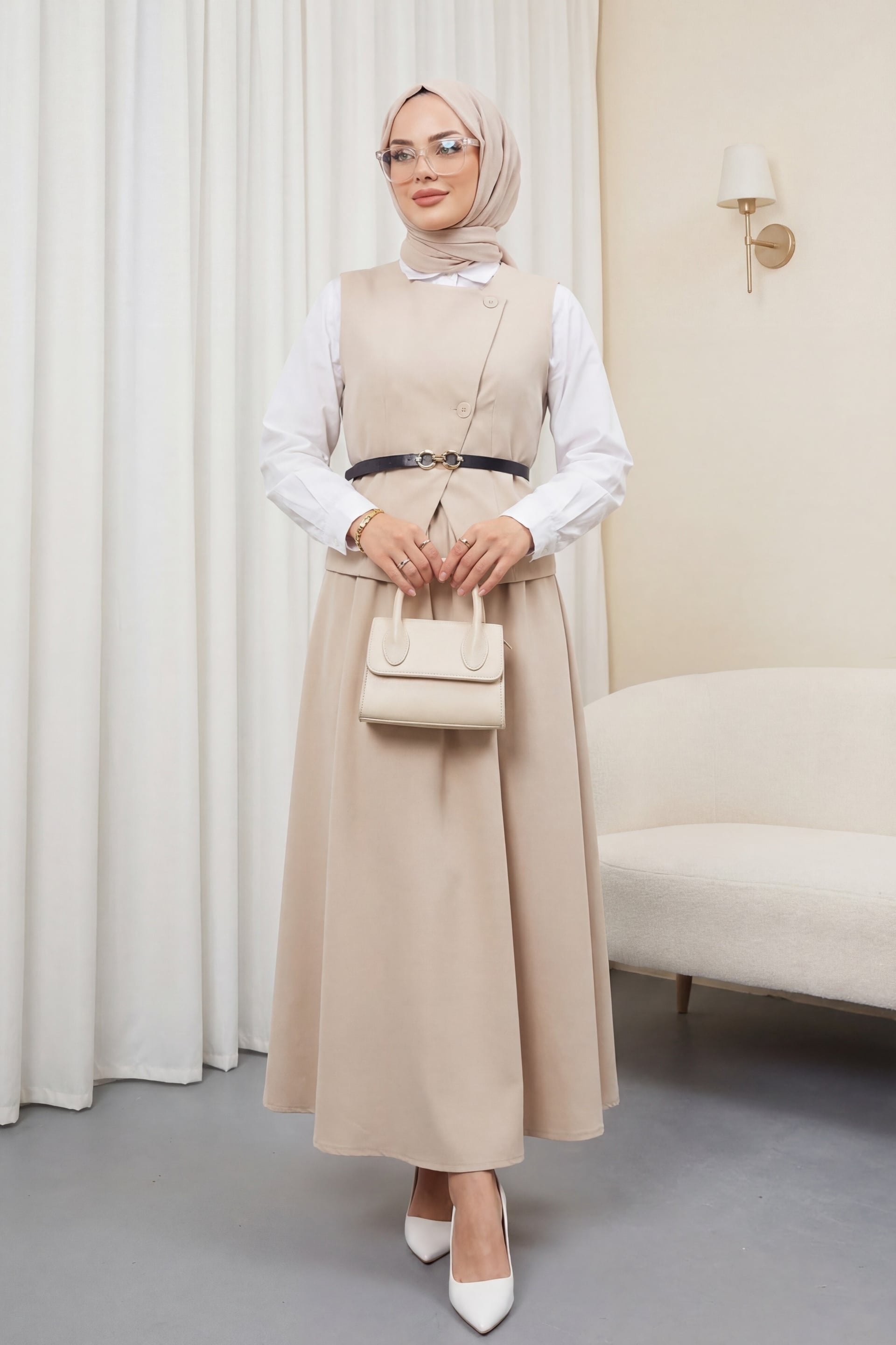 Cross-Button Belted Vest and Skirt Co-ord Set - Beige - Podyumplus - by Peralane