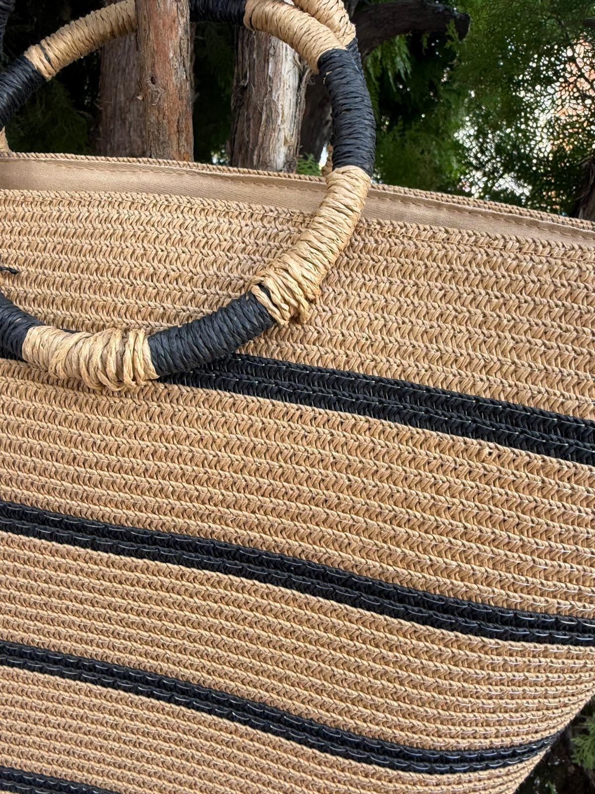 NWC-1115 Camel Black Striped Straw Tote Bag - Nesvay - by Peralane - photo 3