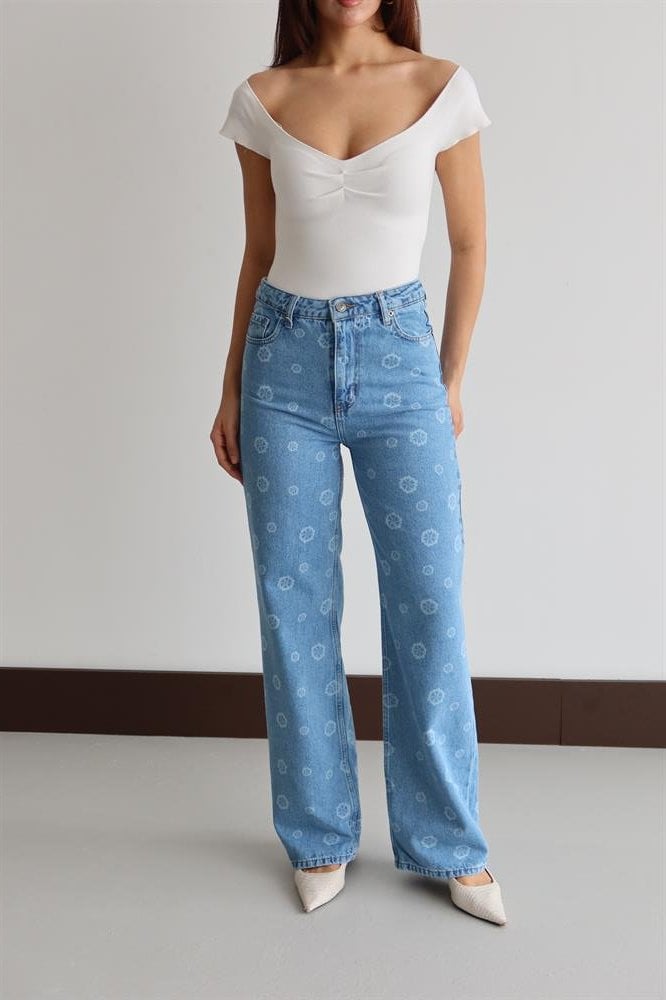 High Waist Wide Leg Floral Printed Jean Trousers - Lacarino Jeans - by Peralane