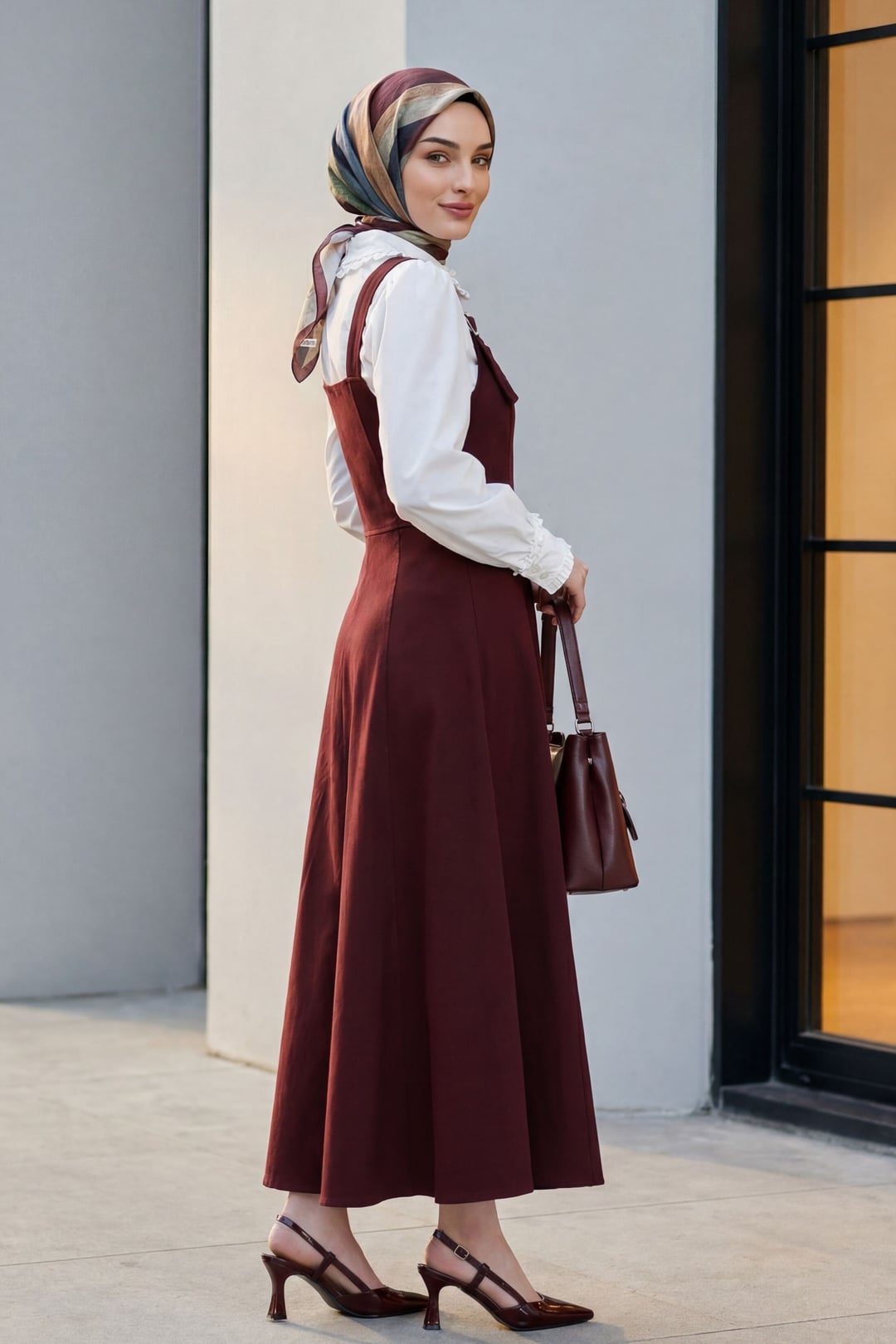 Half-Zip Strap Gabardine Pinafore Dress and Blouse Set - Burgundy - Podyumplus - by Peralane - photo 4