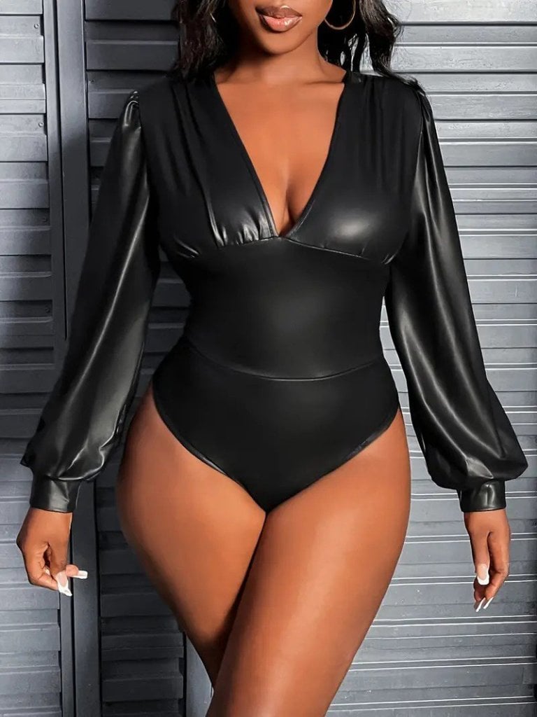 Women's Long-Sleeved Deep V-Neck Faux Leather Bodysuit - Janes - by Peralane