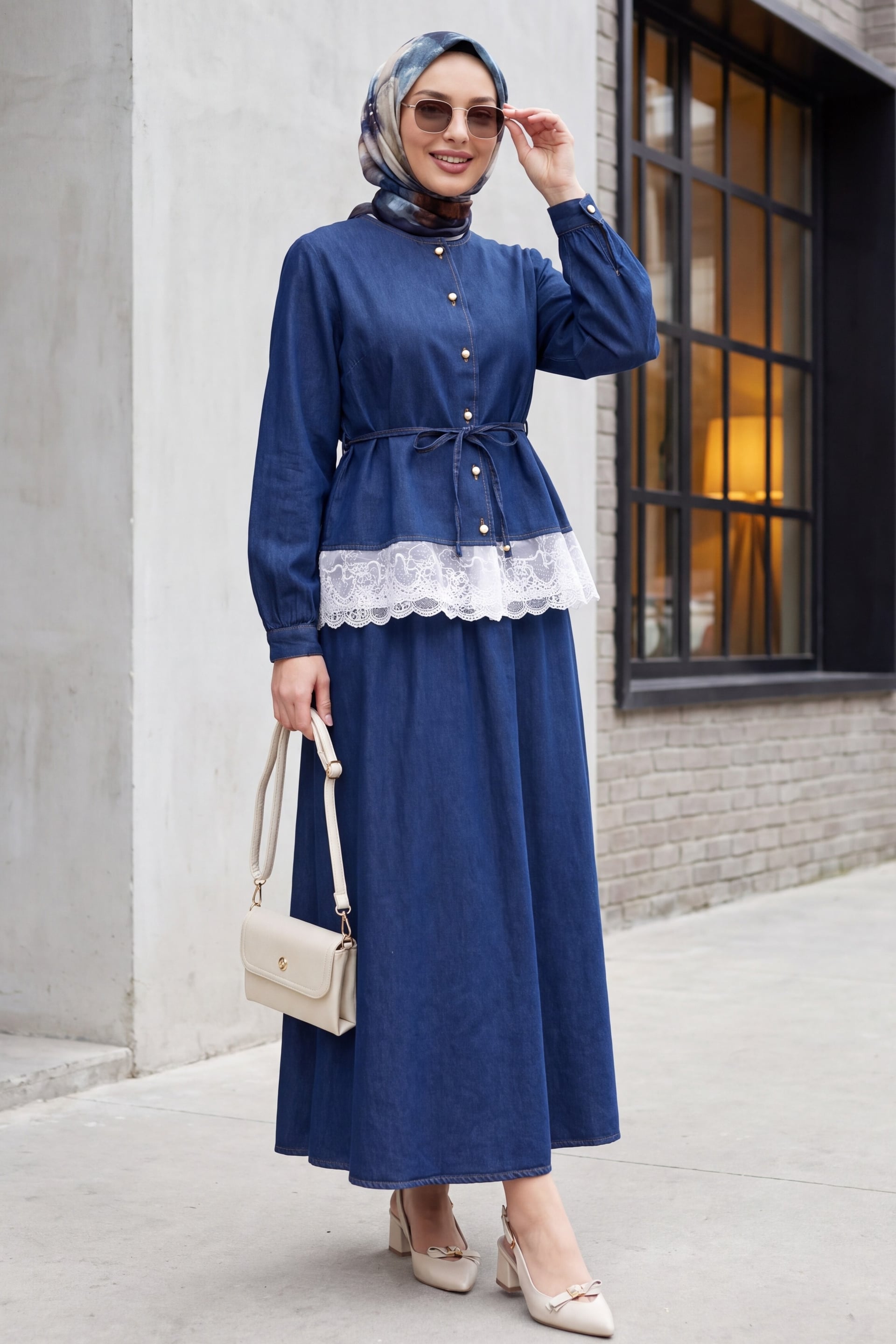 Round Neck Lace Detail Belted Buttoned Denim Skirt Set - Dark Navy - Podyumplus - by Peralane