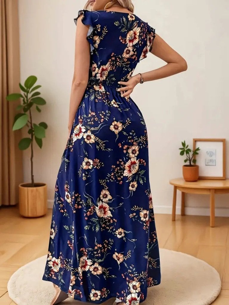 Women's Navy Blue Floral Print V-Neck Maxi Dress with Flutter Sleeves - Janes - by Peralane - photo 8