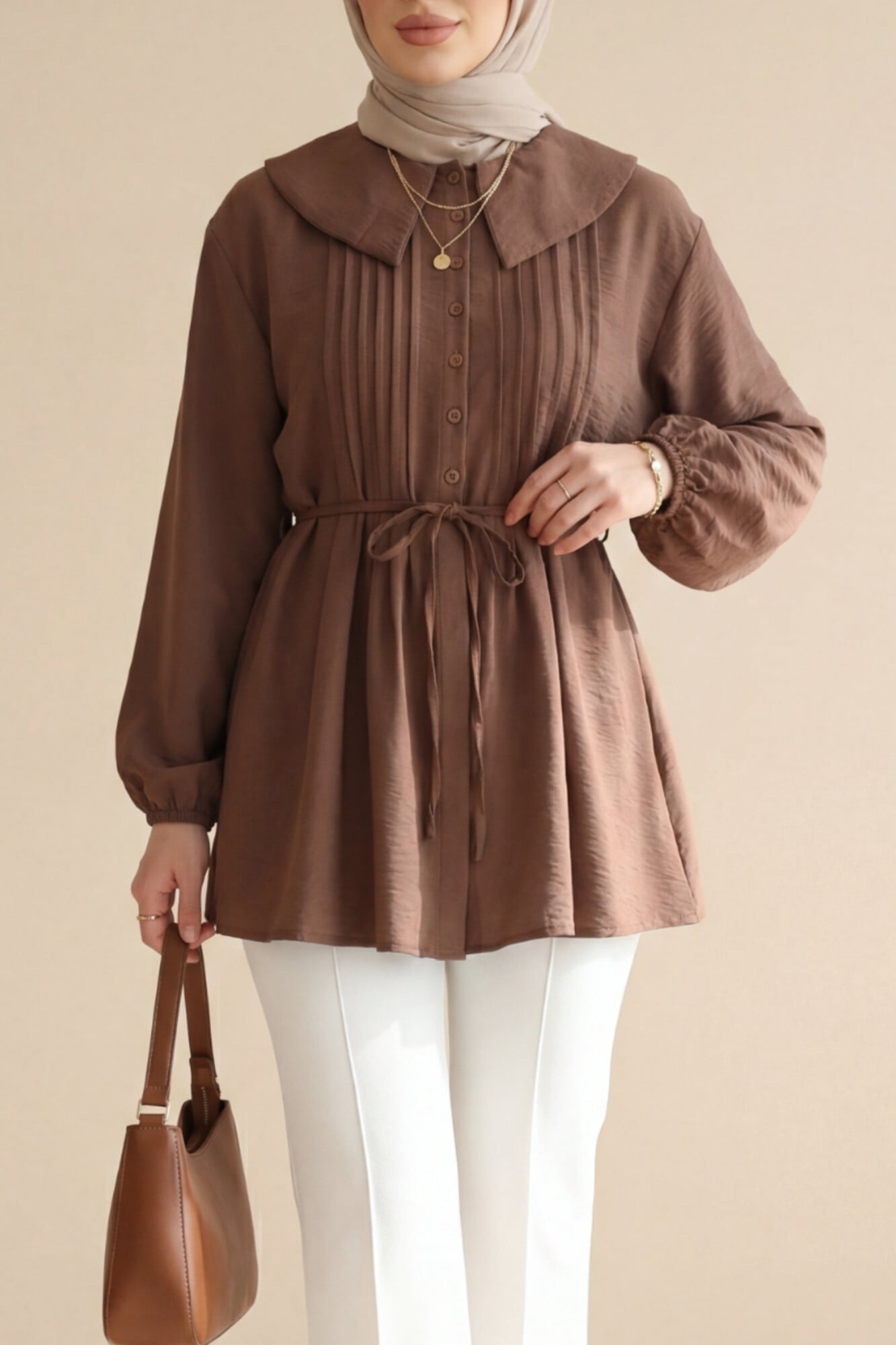 Baby Collar Front Pleated Elastic Cuff Strawberry Print Blouse - Light Brown - Podyumplus - by Peralane