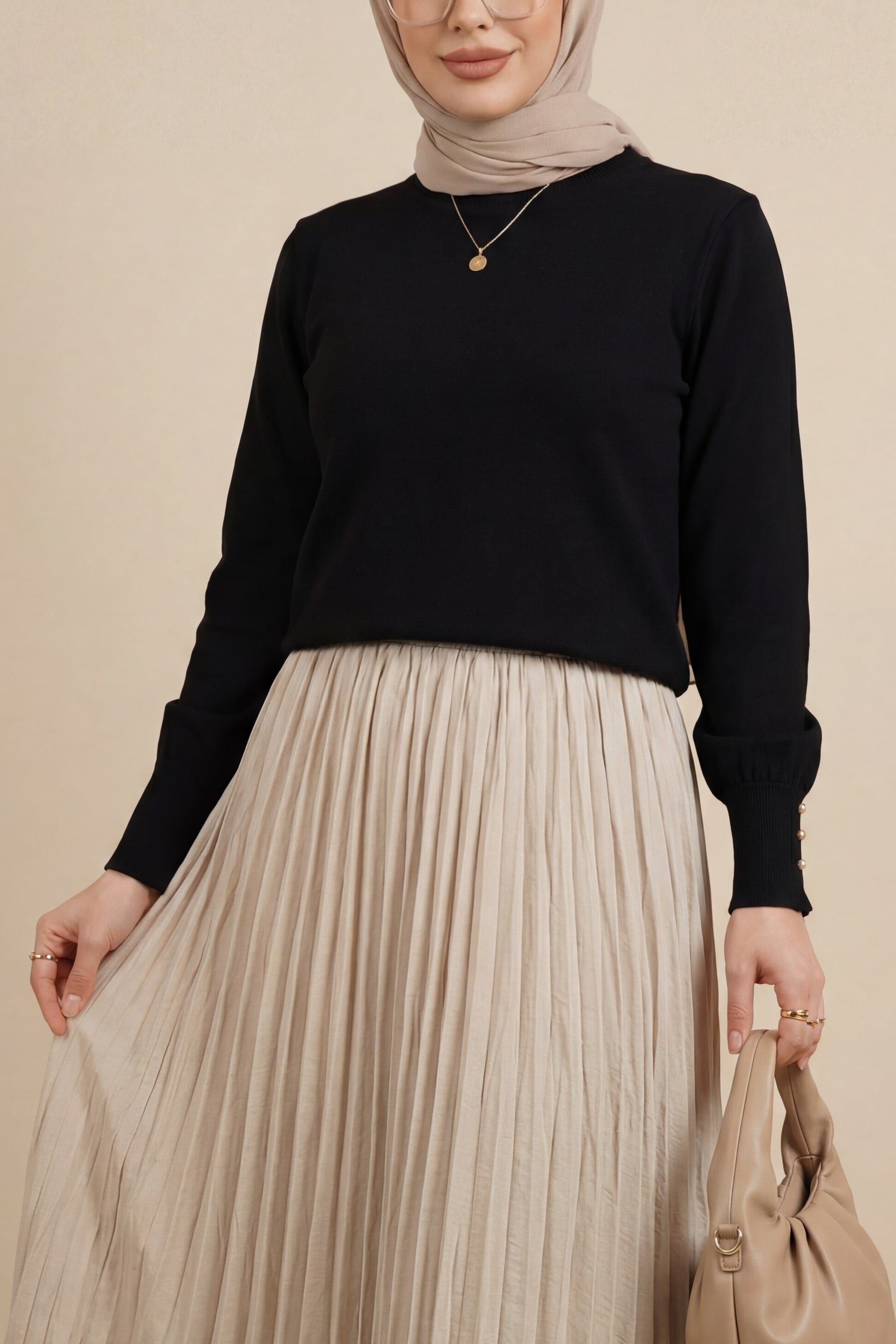 Round Neck Knit Tunic with Button Cuffs - Black - Podyumplus - by Peralane - photo 3