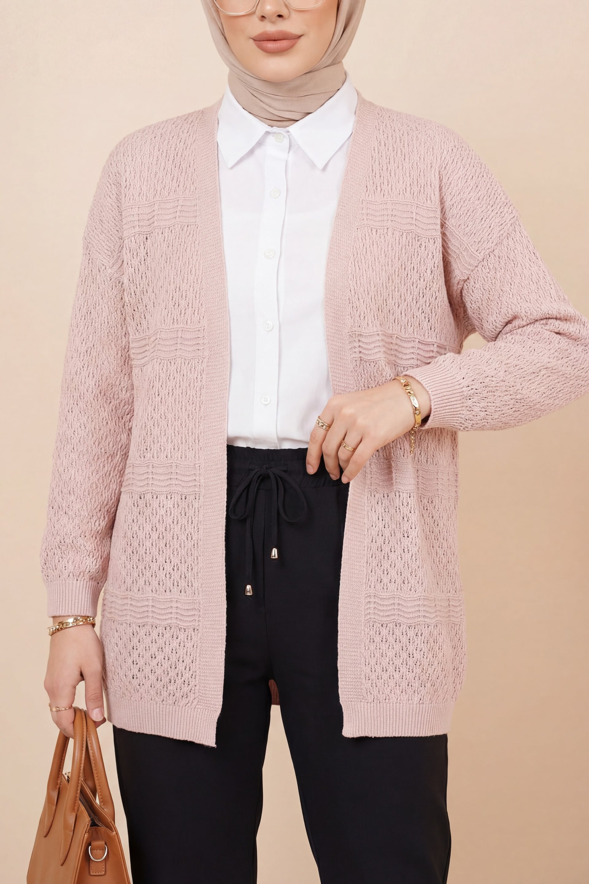 Open-Knit Wave Pattern Cardigan - Powder - Podyumplus - by Peralane