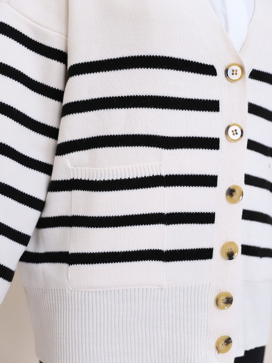 Striped Button-Front Cardigan with Pockets - Ecru - Podyumplus - by Peralane - photo 7