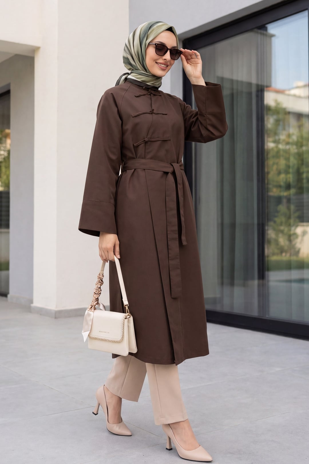 Frog Closure Slit Belted Trench Coat - Brown - Podyumplus - by Peralane - photo 2