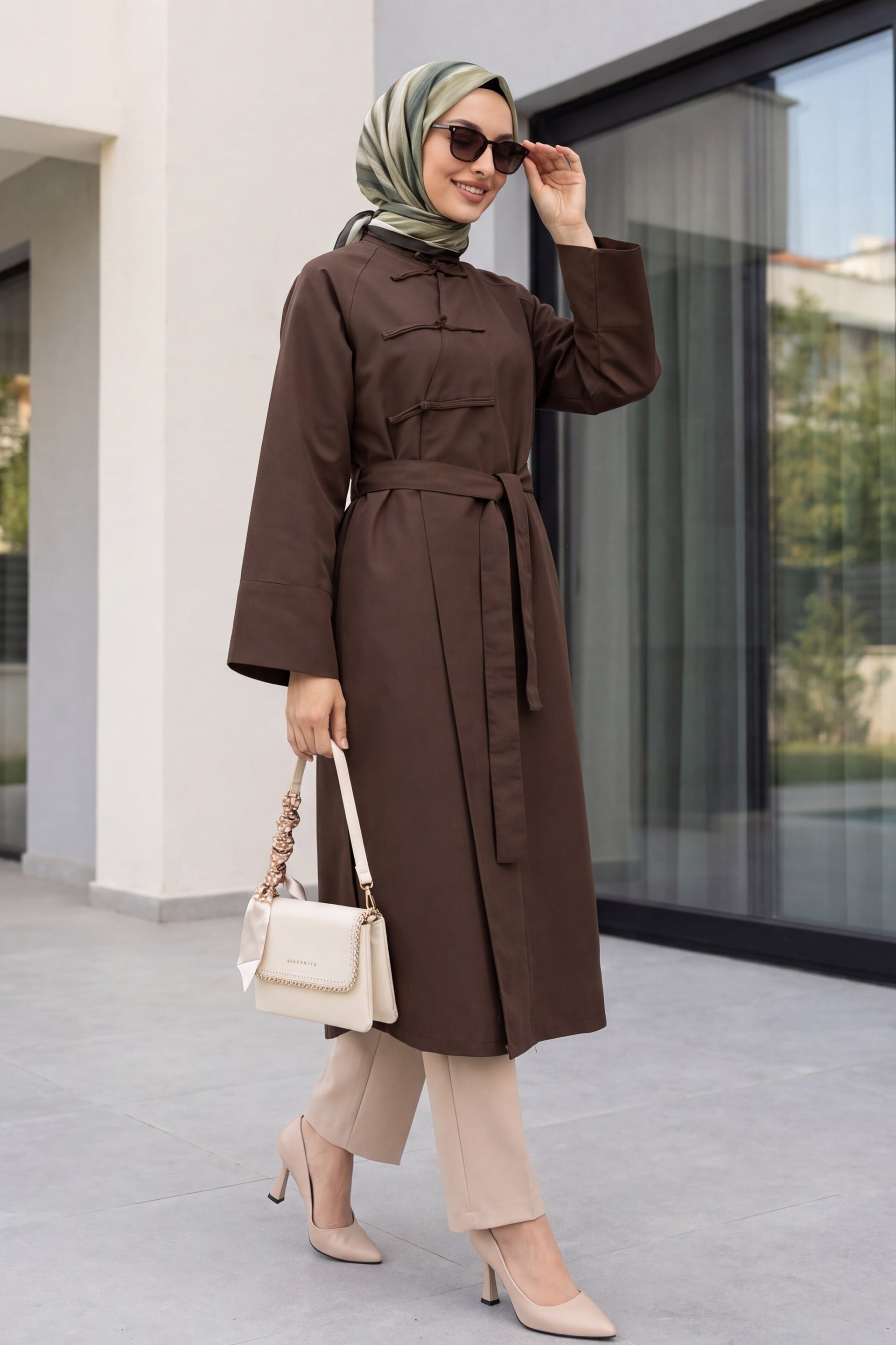 Frog Closure Slit Belted Trench Coat - Brown - Podyumplus - by Peralane - photo 2