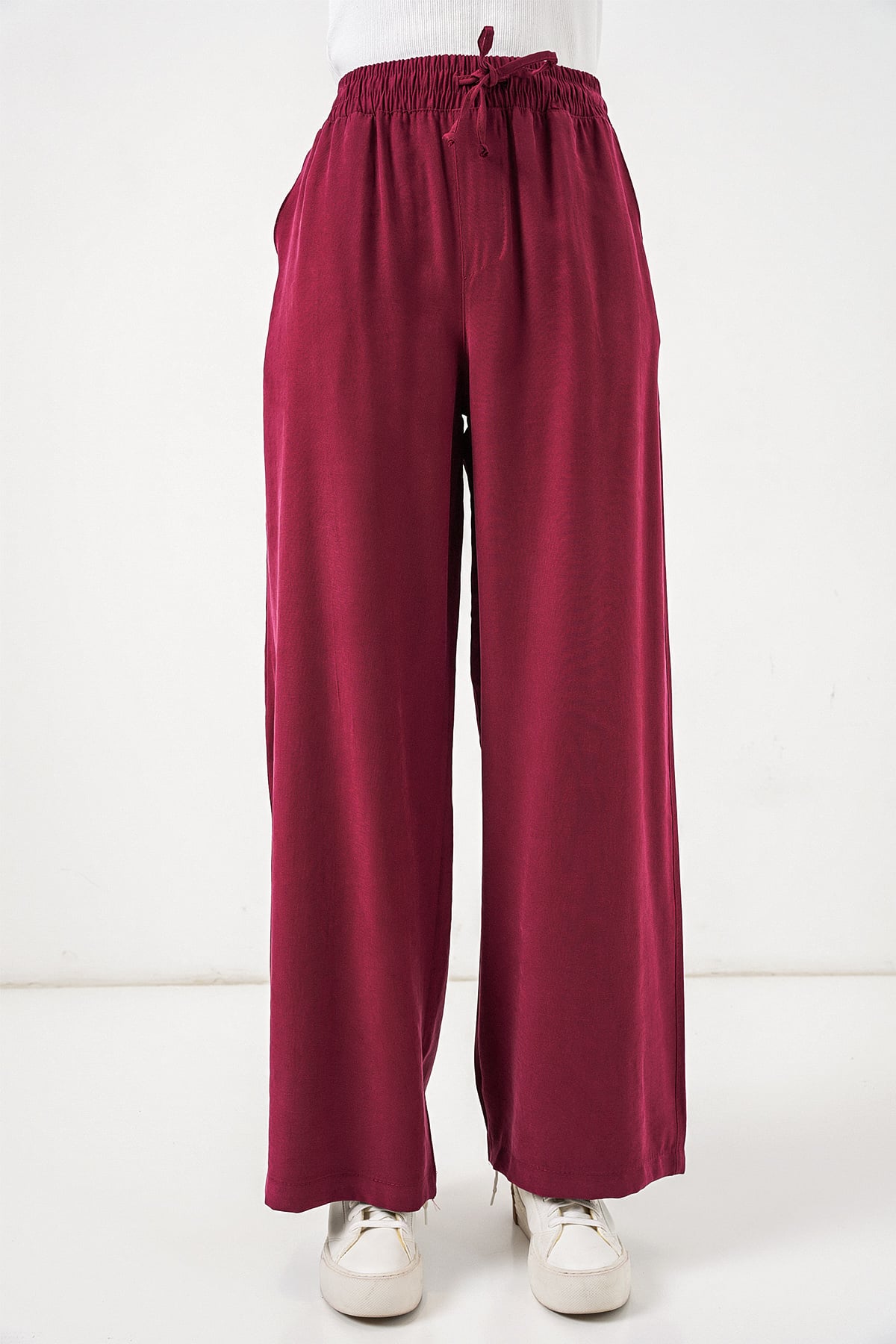 Women's High Waist Wide Leg Trousers 30097 - Burgundy - Bigdart - by Peralane