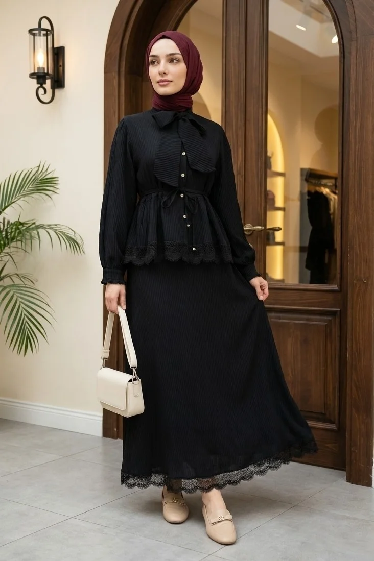 Women's Black Tie Neck and Waist Pleated Crepe Dress and Skirt Set with Lace Hem - Podyumplus - by Peralane - photo 6