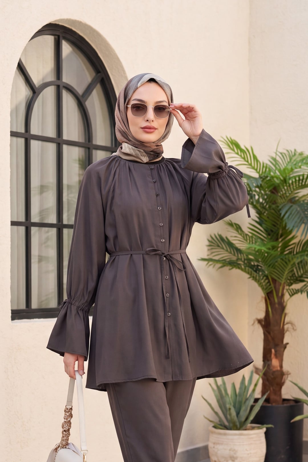 Gathered Neckline Tie Waist and Cuff Two-Piece Set - Brown - Podyumplus - by Peralane - photo 2