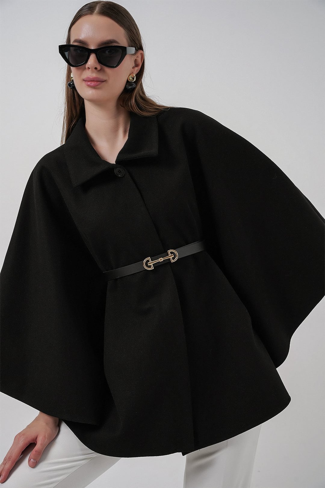 Women's Belted Cape Pancho Jacket - Black - Bigdart - by Peralane - photo 4