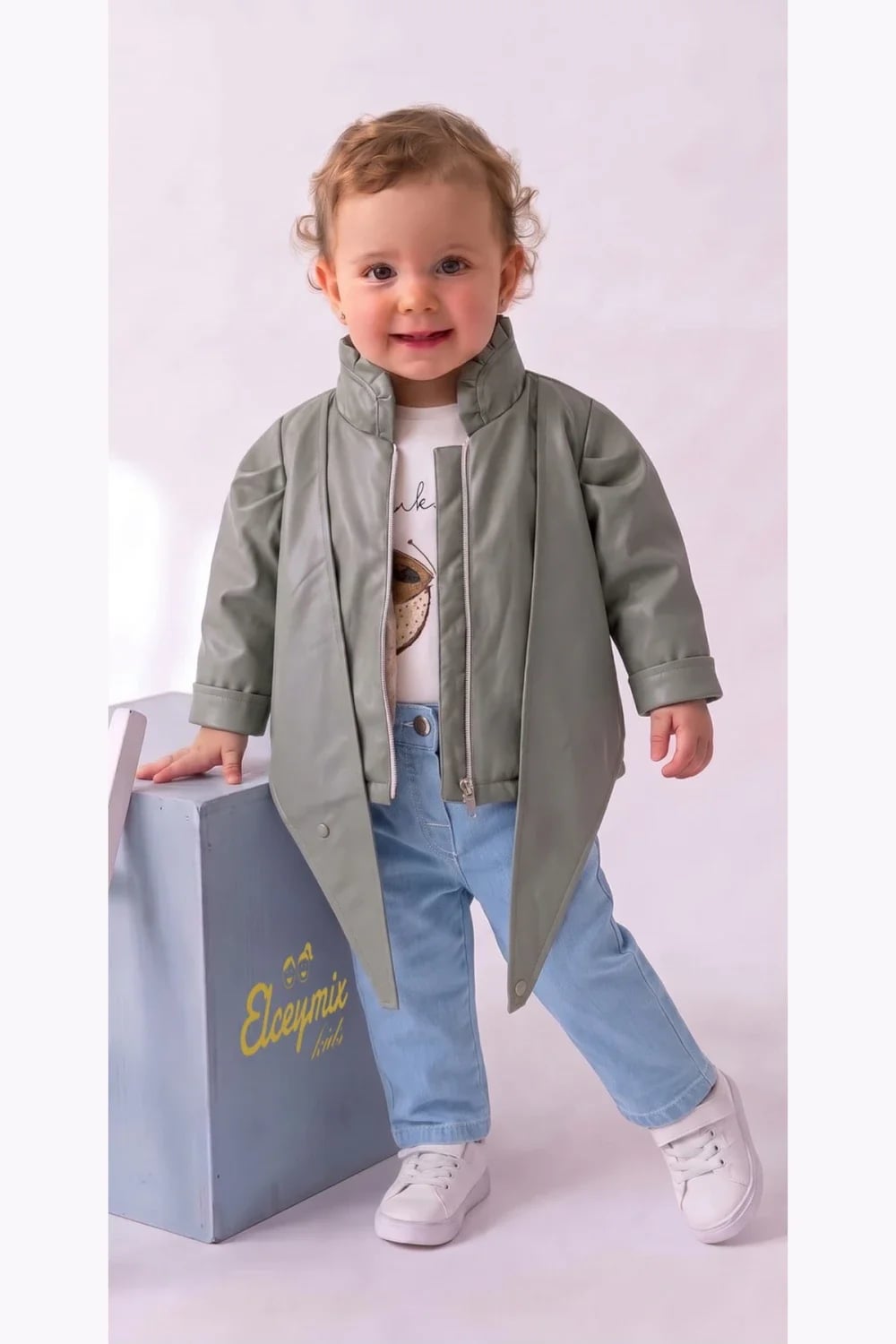 Girls' 3-Piece Set with Leather Jacket - Sage Green - Has Bereket - by Peralane