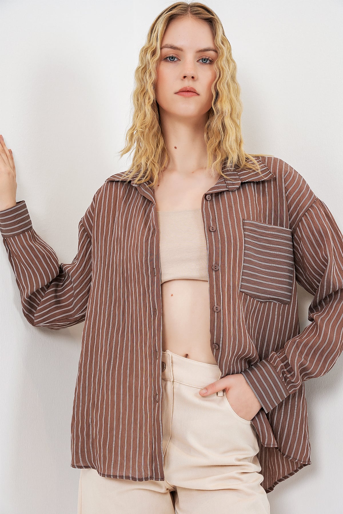 Women's Single Pocket Striped Oversize Shirt 20375 - Brown - Bigdart - by Peralane - photo 5