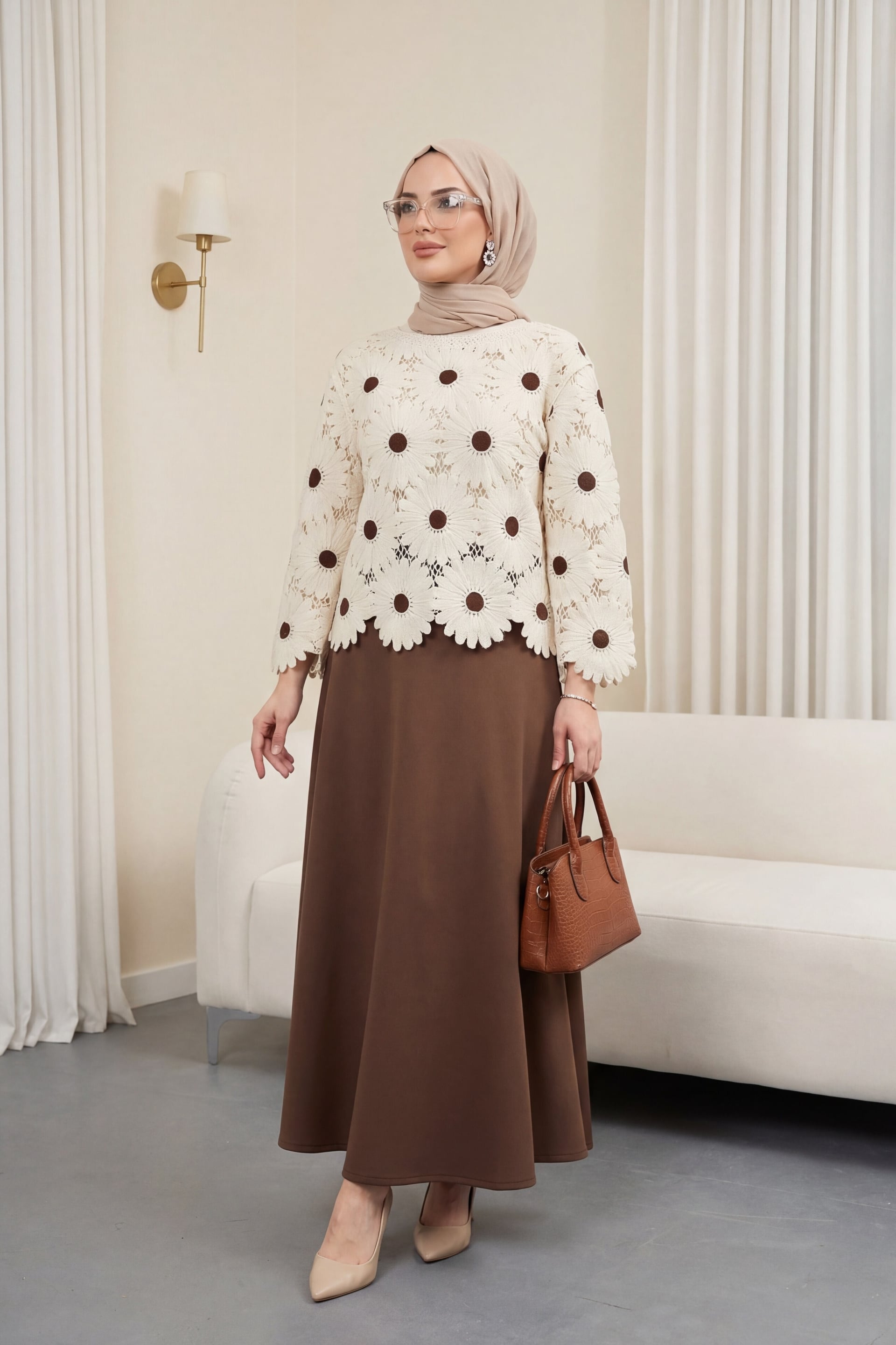 Boat Neck Daisy Pattern Knit Blouse - Brown - Podyumplus - by Peralane - photo 8