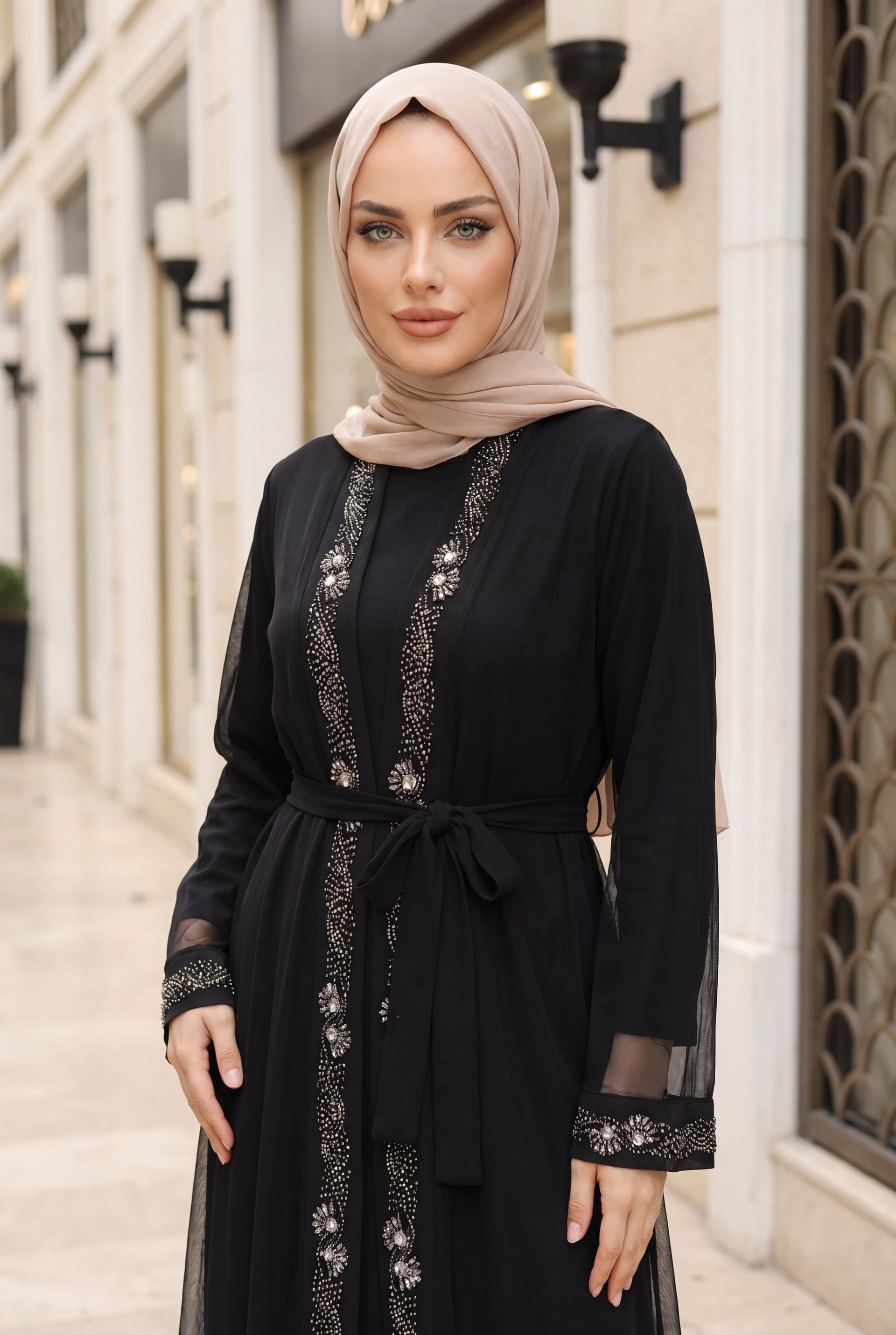 Beaded Cuff Belted Two-Piece Abaya Set - Black - Podyumplus - by Peralane