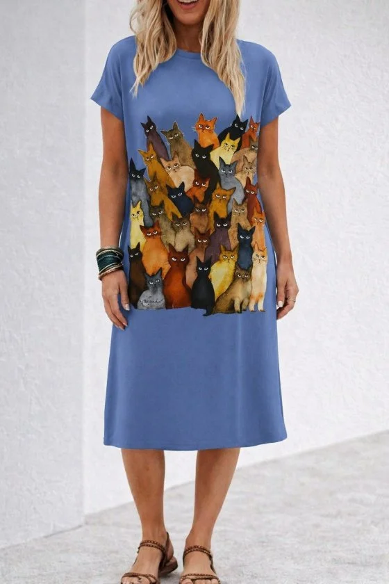 Short Sleeve Crew Neck Cat Print Midi Viscose Dress - Janes - by Peralane