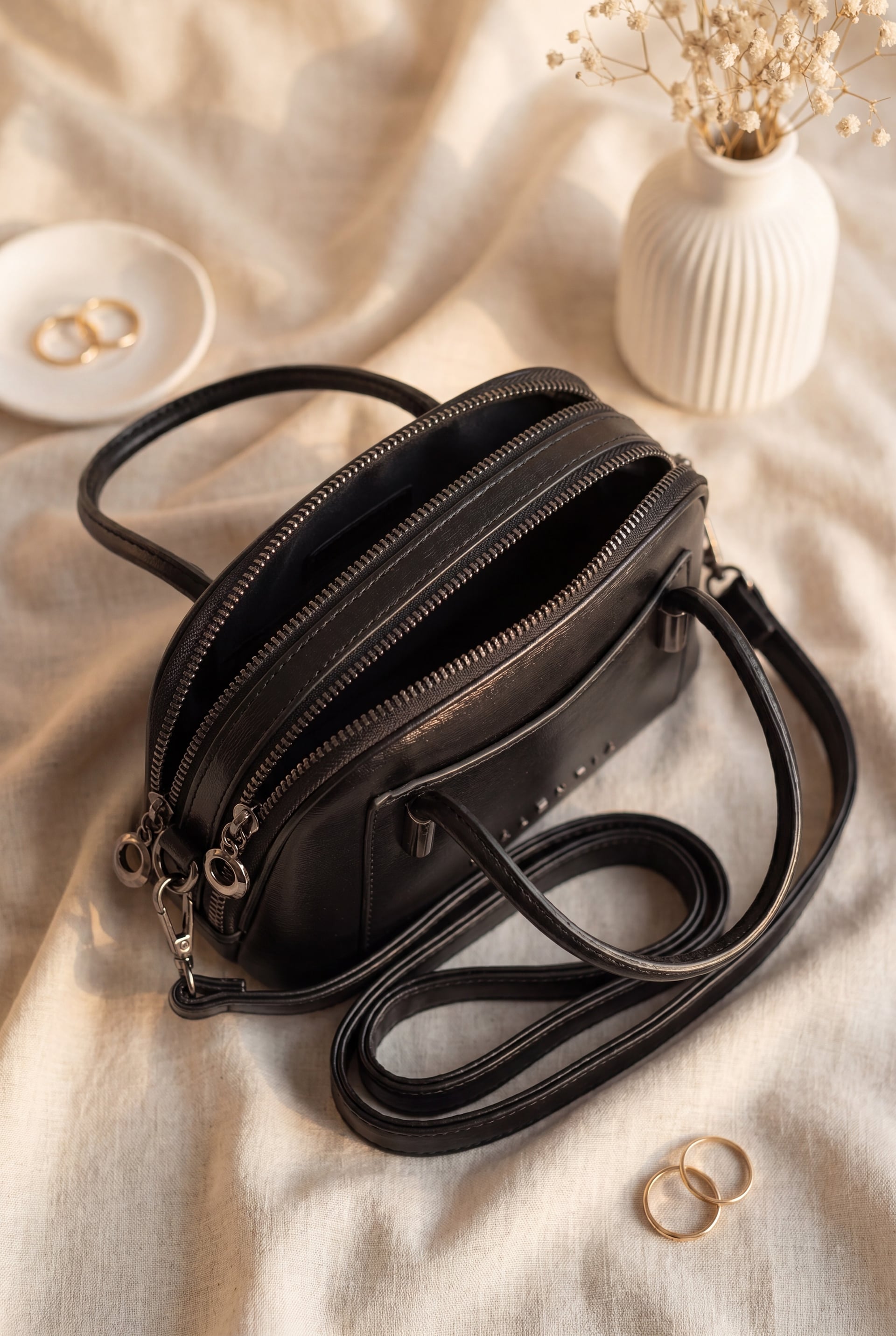 Black Faux Leather Crossbody Bag with Top Handles and Detachable Strap - Podyumplus - by Peralane - photo 2